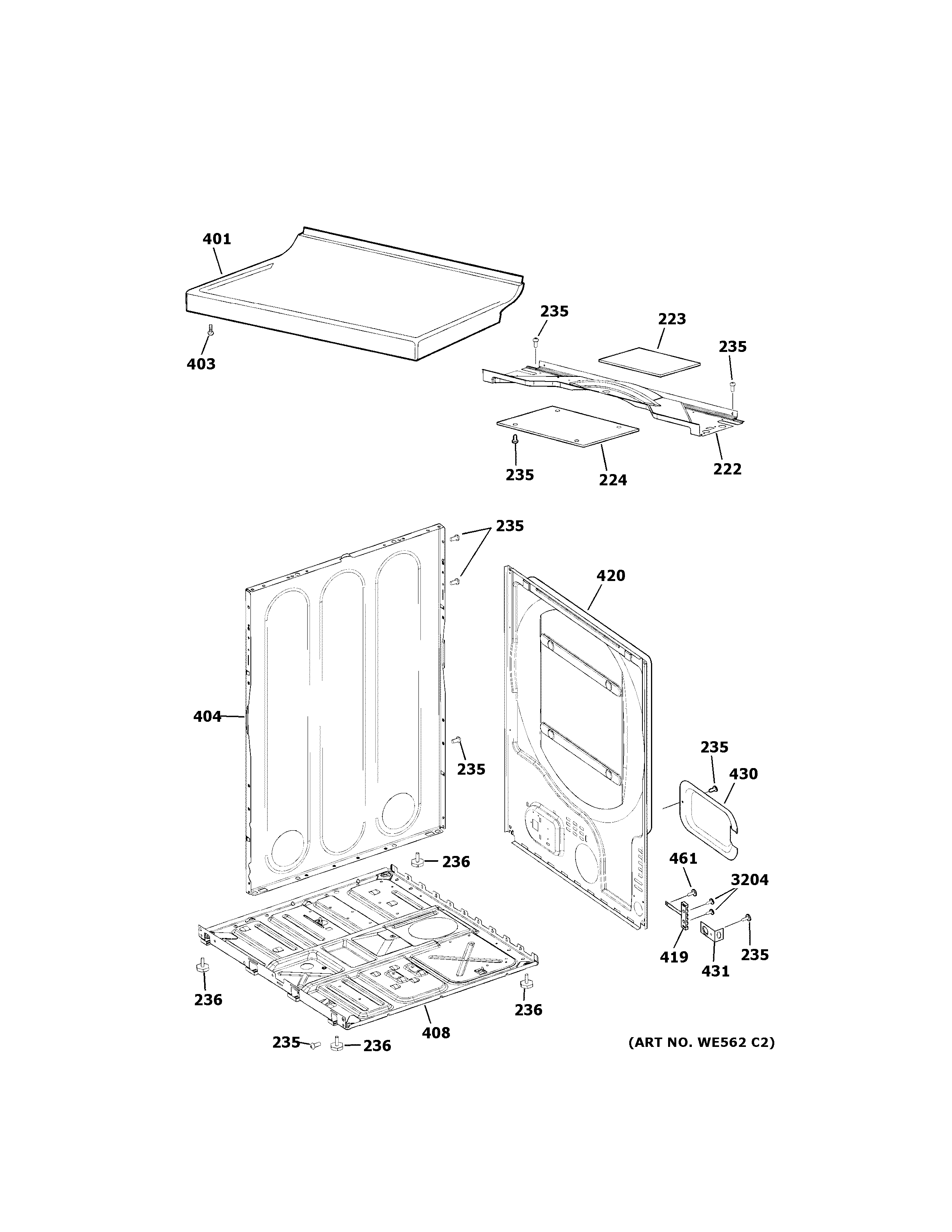 GE DWXR483EG7WW cabinet & top panel diagram