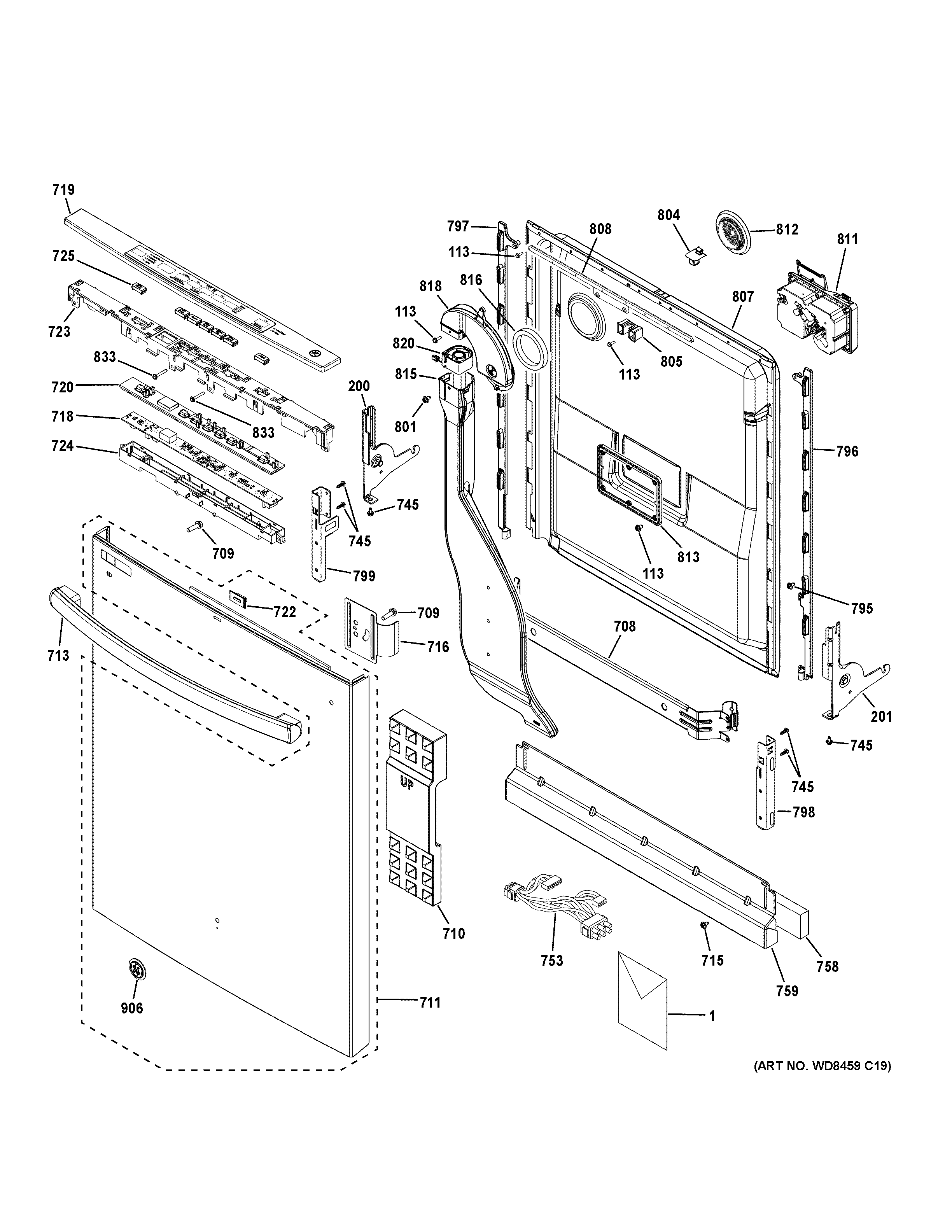 GE DDT575SMF0ES escutcheon & door assembly diagram