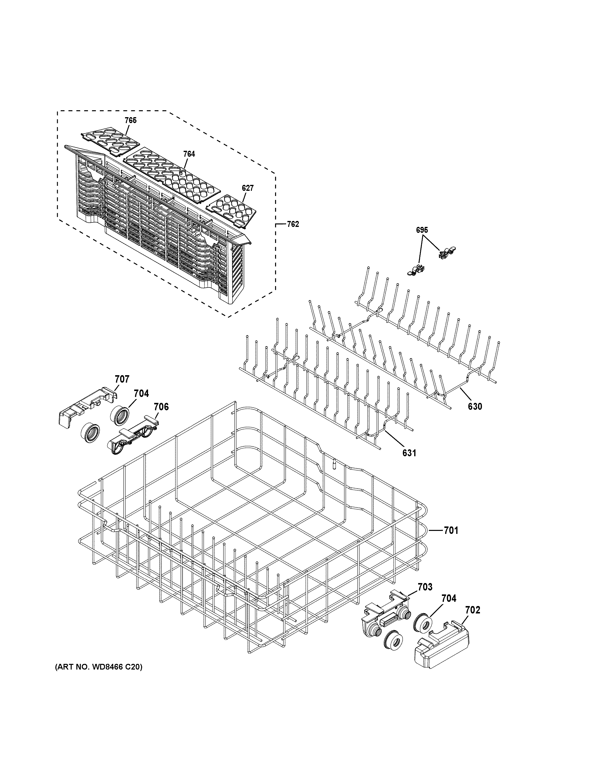 GE DDT575SMF0ES lower rack assembly diagram