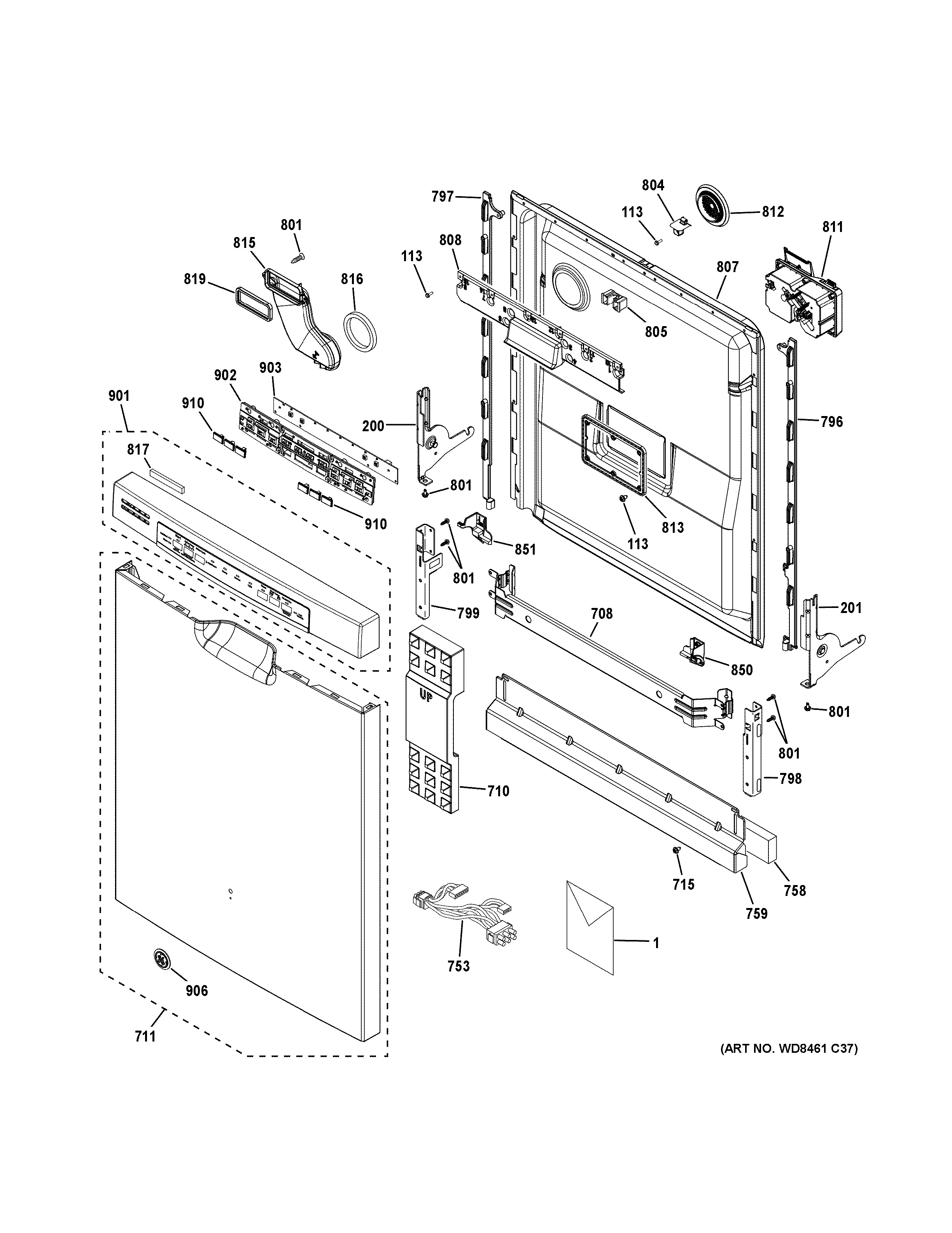 GE GDF570SGF0BB escutcheon & door assembly diagram