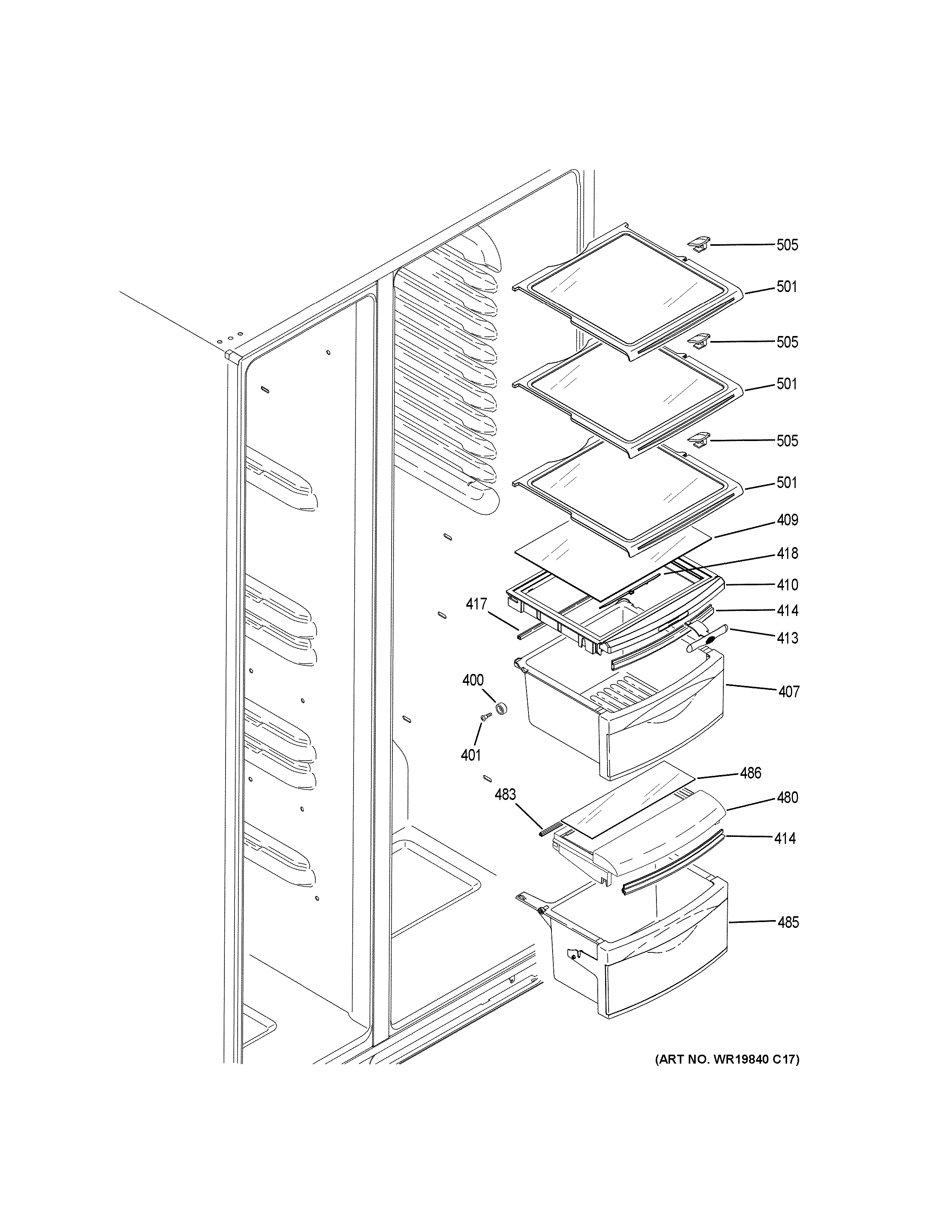 GE GSS25CGHKCBB fresh food shelves diagram
