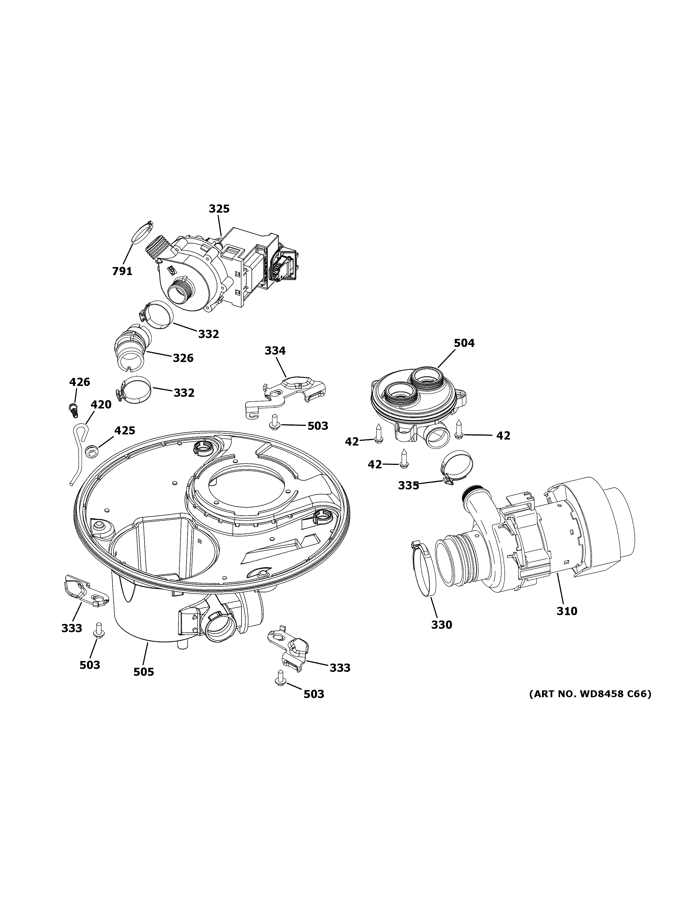GE GDF510PGD1BB sump & motor mechanism diagram