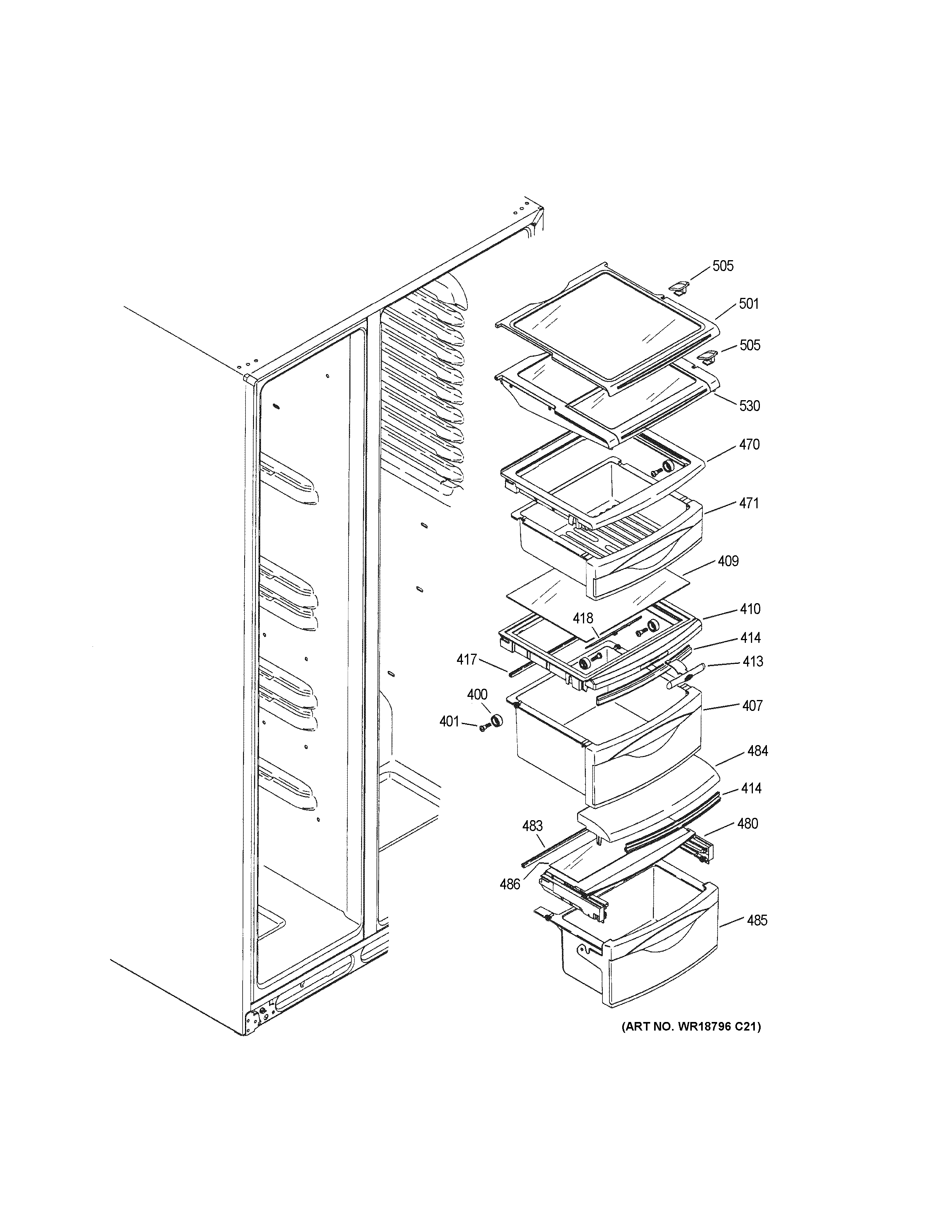 GE PSE25KGHEHWW fresh food shelves diagram