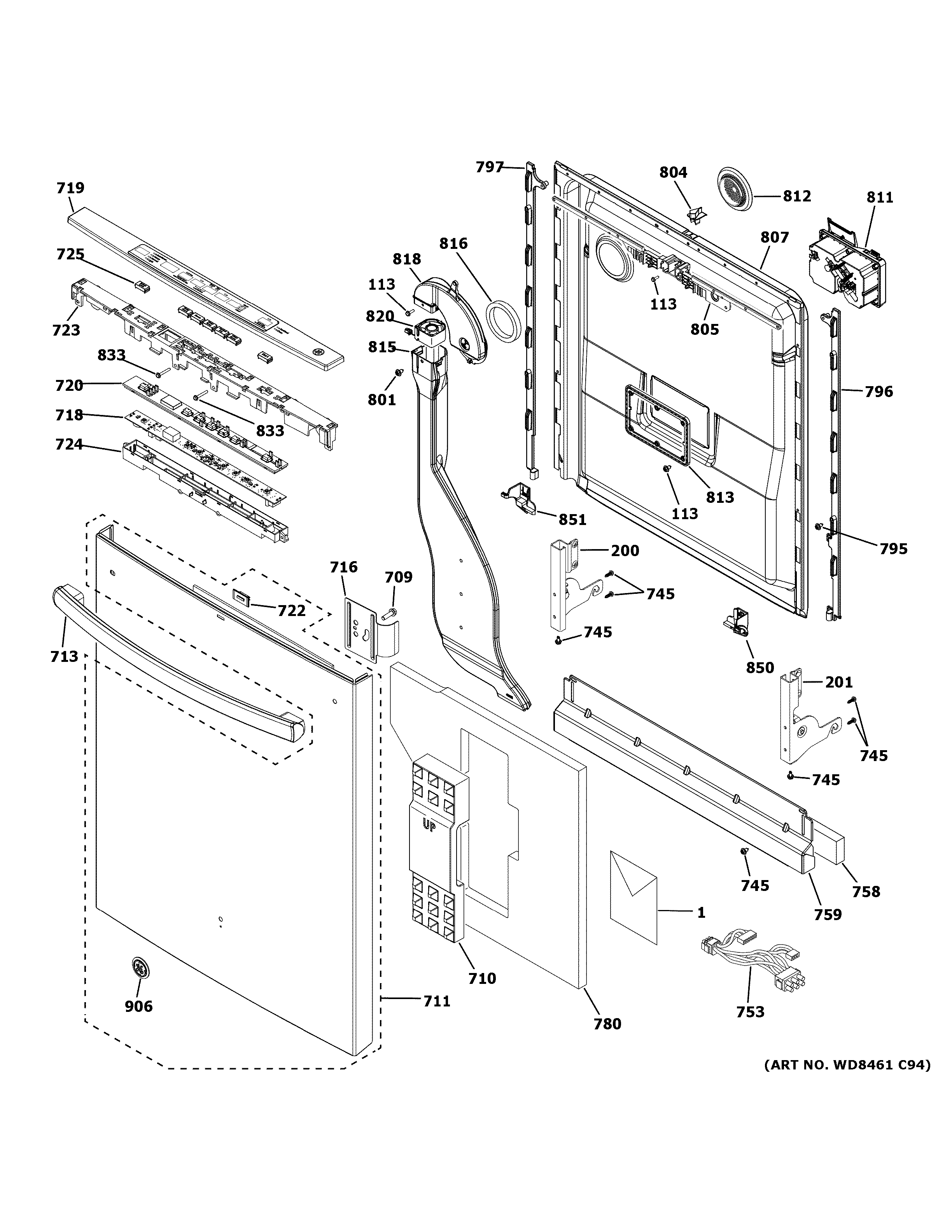 GE GDT695SGJ0WW escutcheon & door assembly diagram