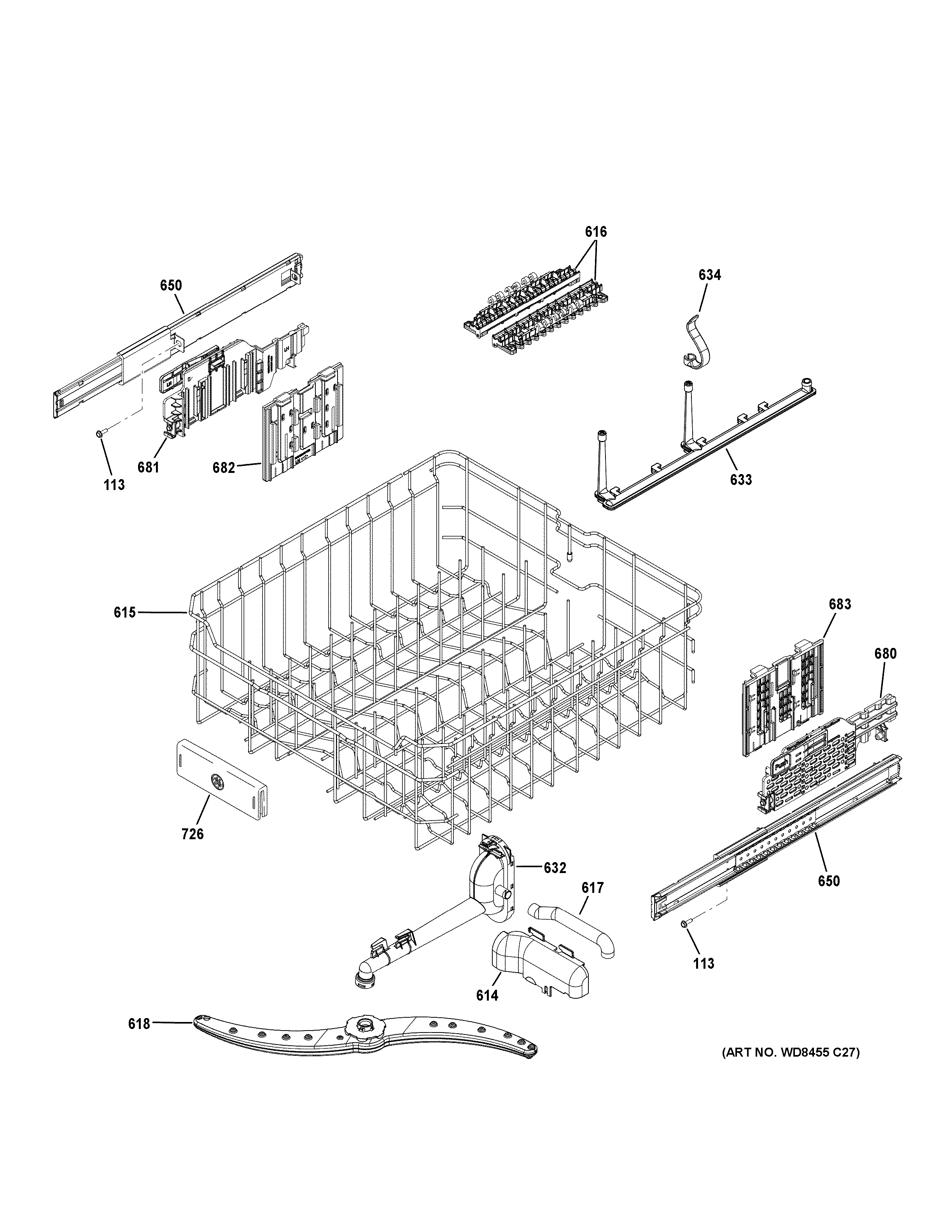 GE GDT695SSJ2SS upper rack assembly diagram