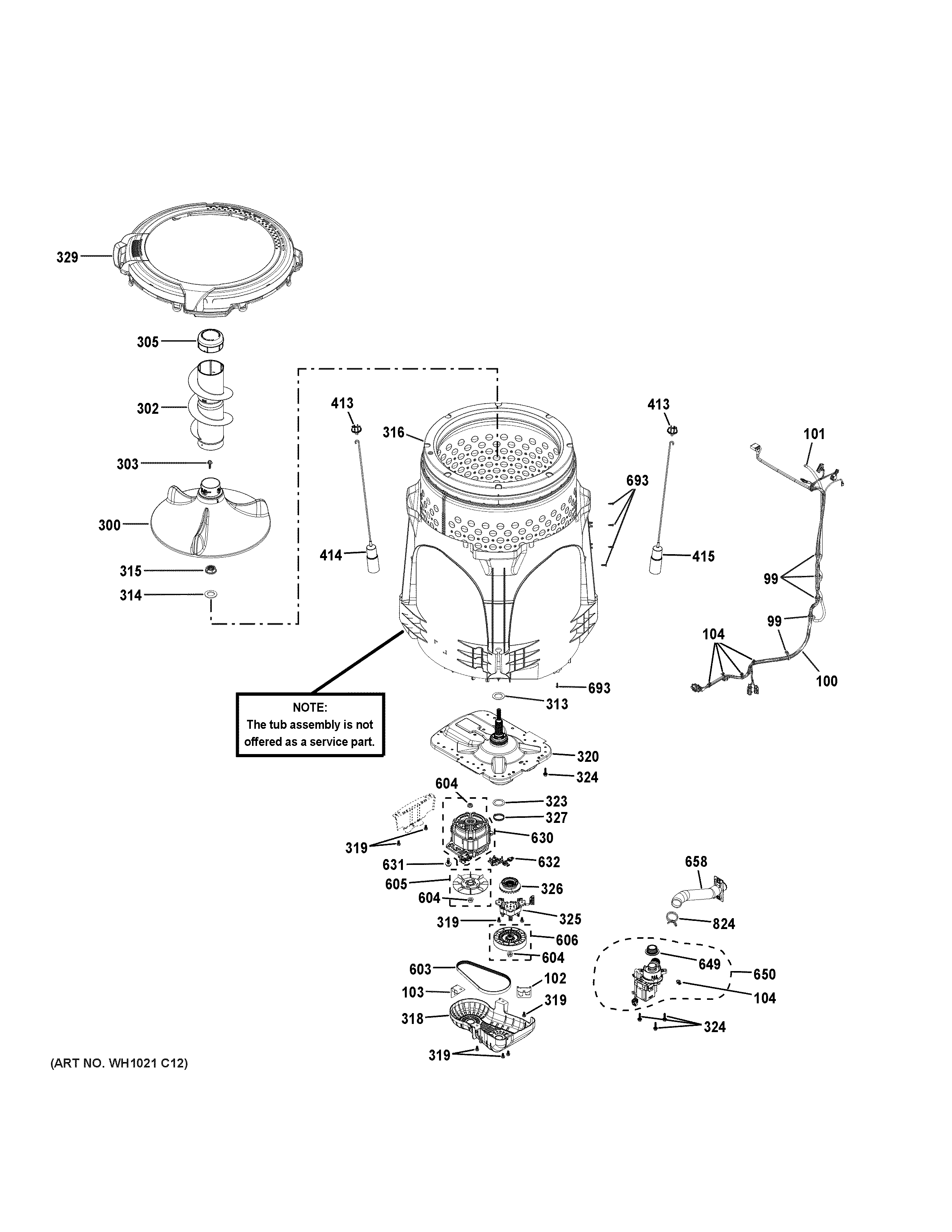 GE GTW755CSM1WS tub & motor diagram