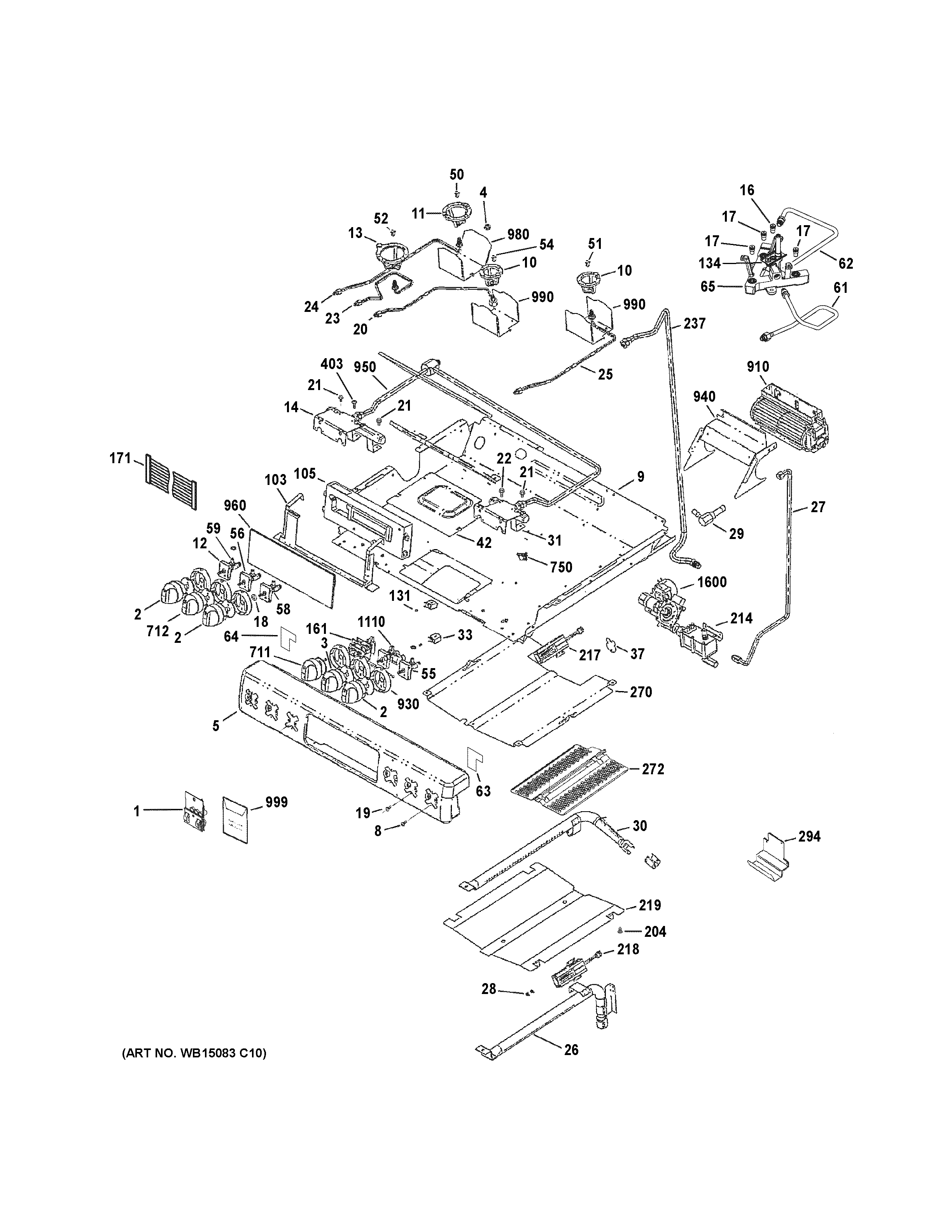 GE CGS985SET3SS control panel, gas & burner parts diagram