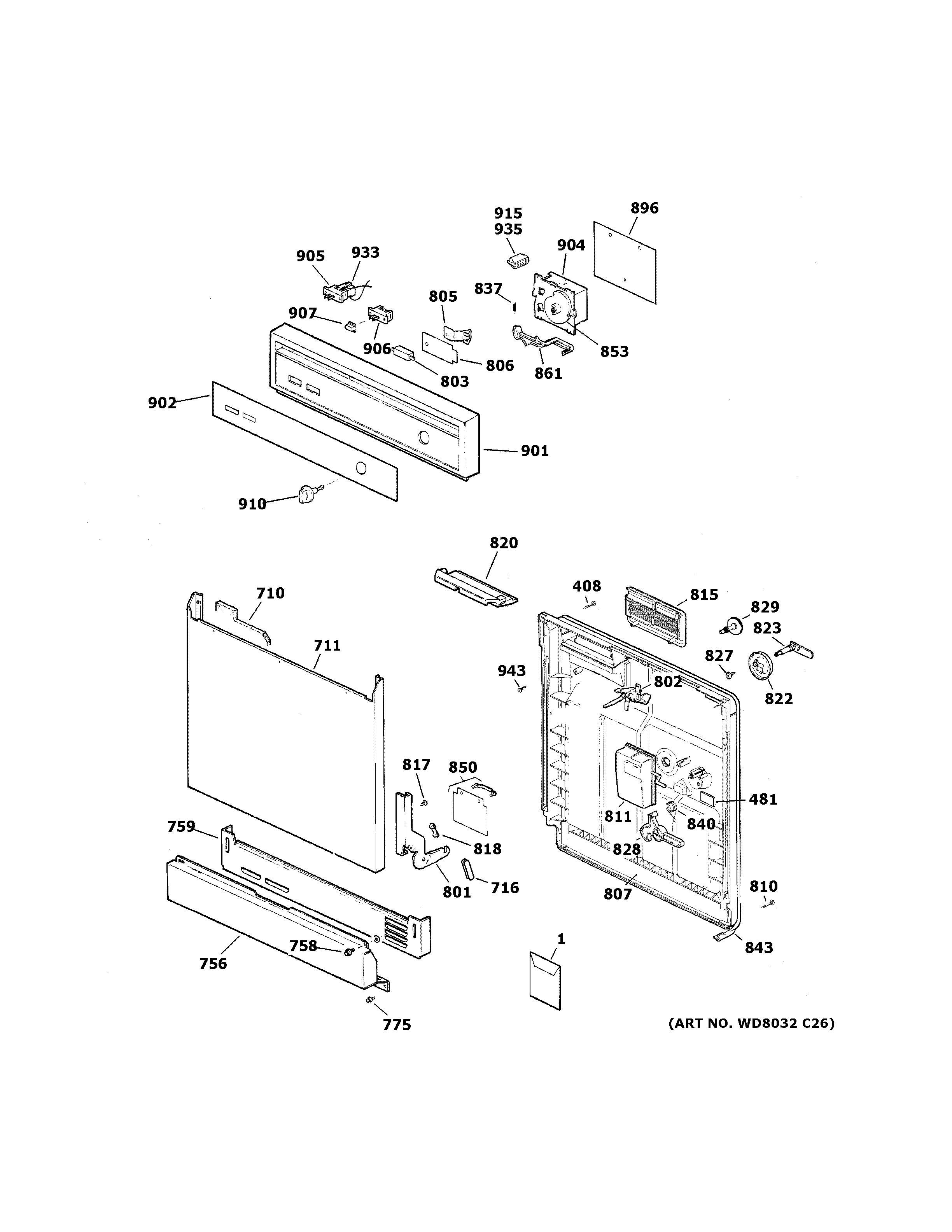 GE GSD2230F00WW escutcheon & door assembly diagram