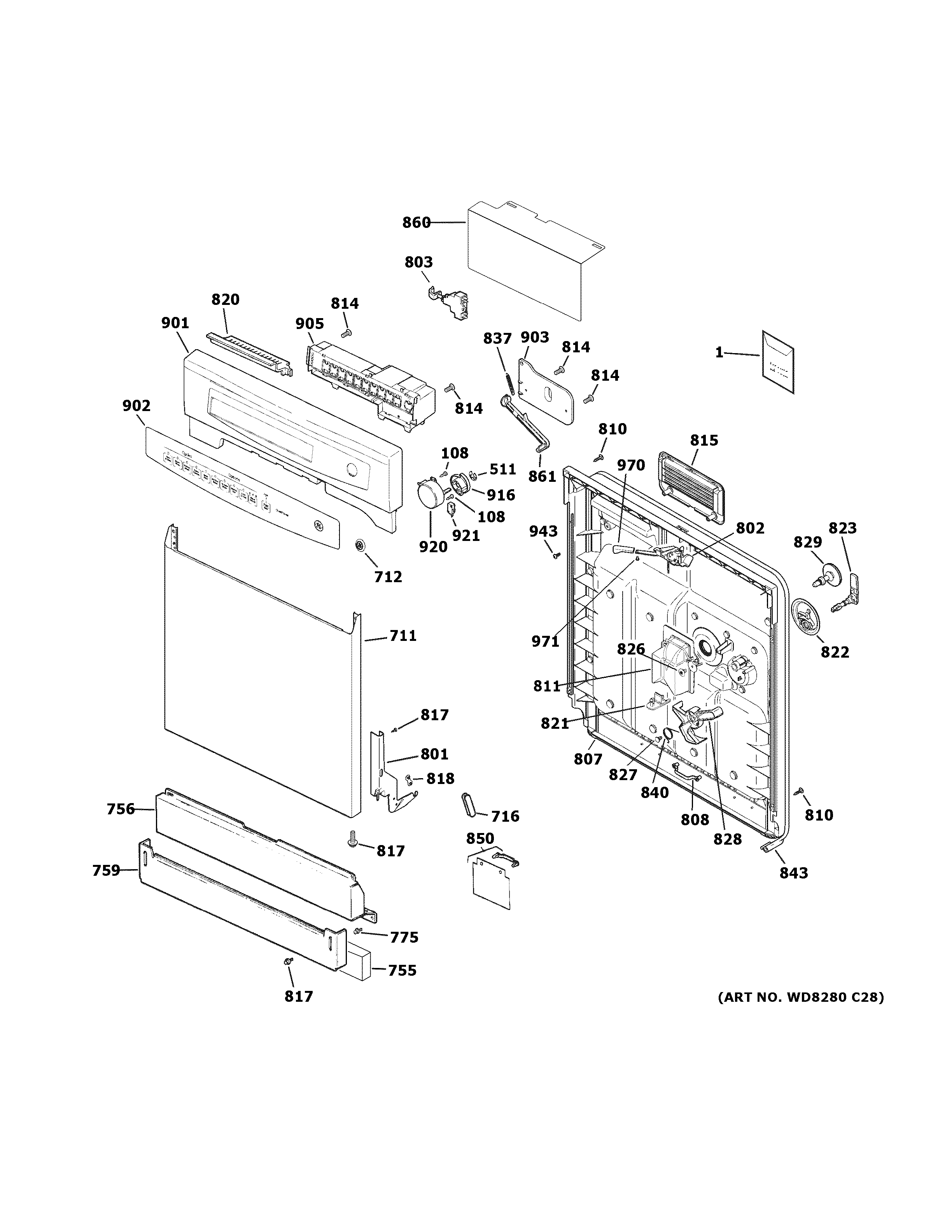 GE GSD4060K55SS escutcheon & door assembly diagram