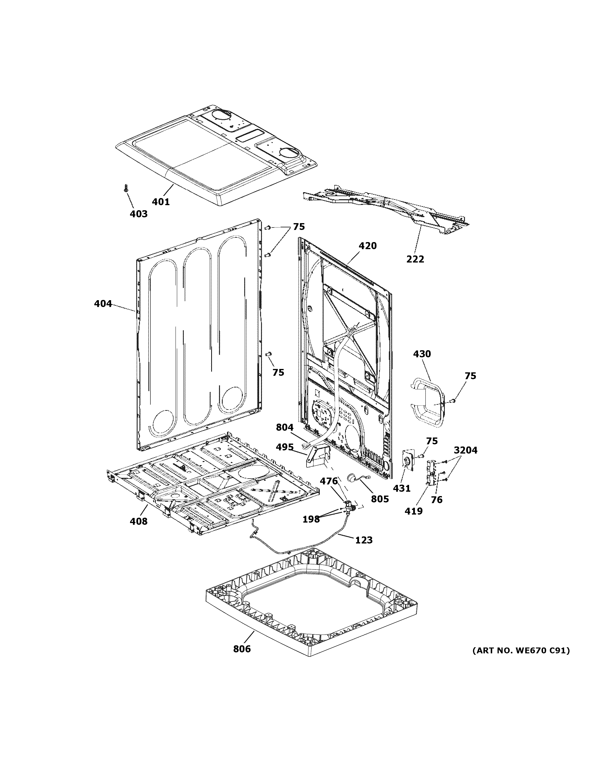 GE GTD75ECSL1WS cabinet & top panel diagram