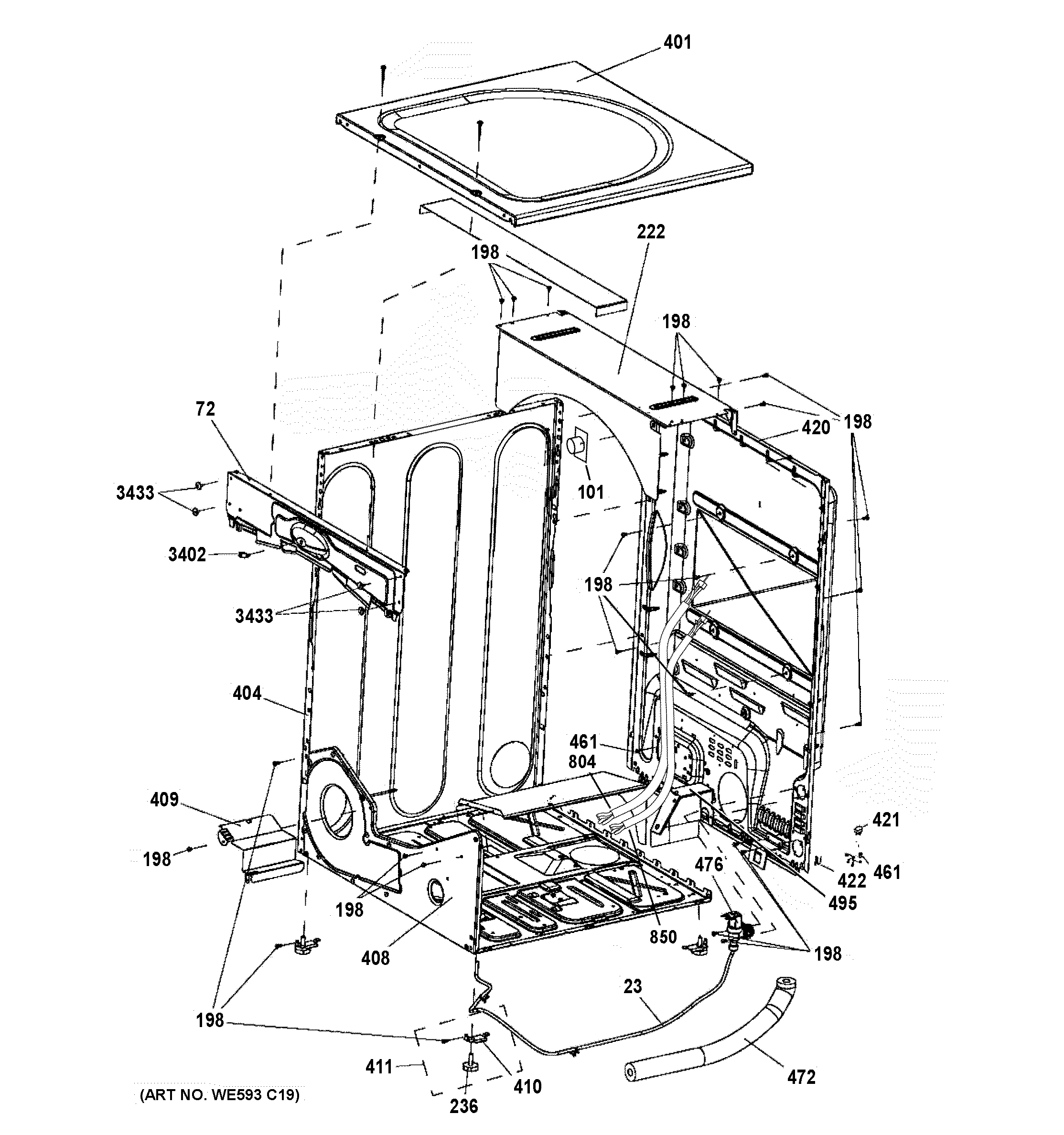 GE GFD45GSSM0WW cabinet & top panel diagram