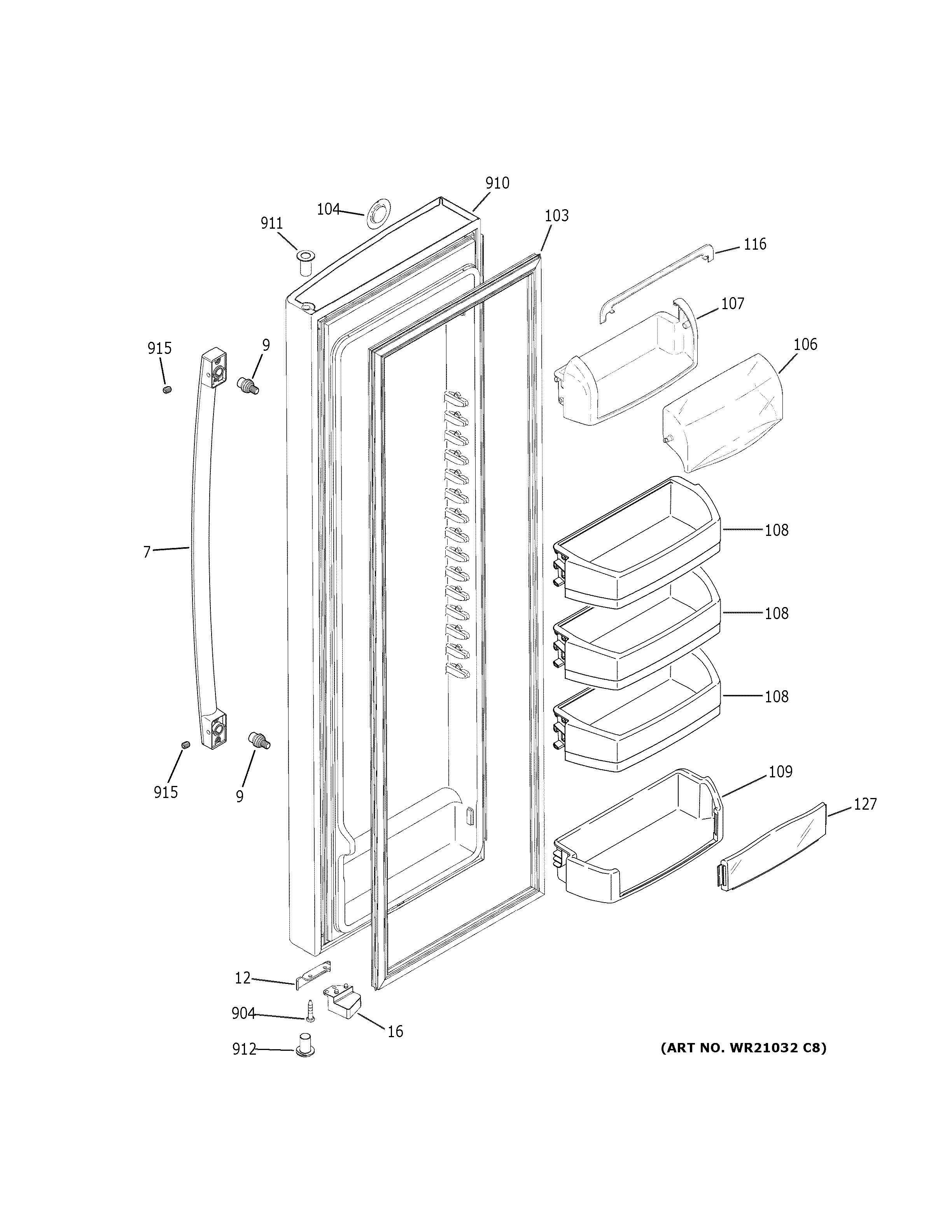GE GSE23GGKNCWW fresh food door diagram