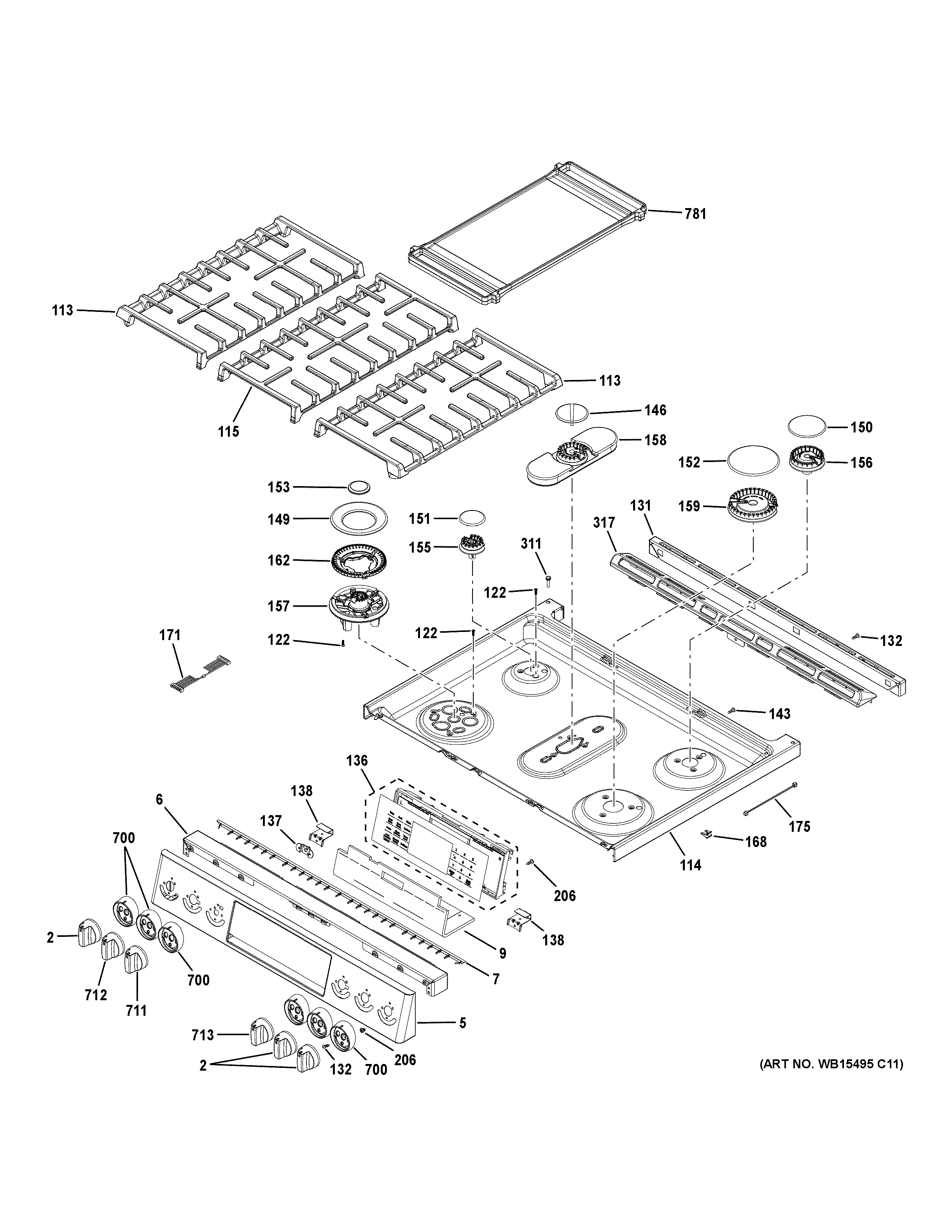 GE PGS960FEL2DS control panel & cooktop diagram