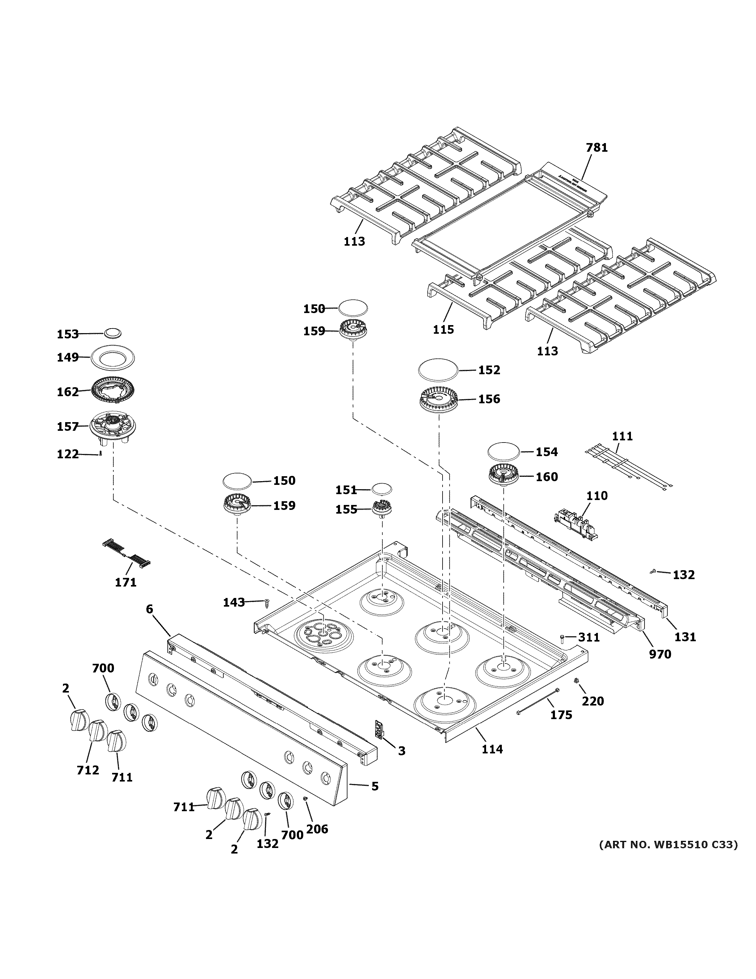 GE CGS750M2N1S5 control panel & cooktop diagram