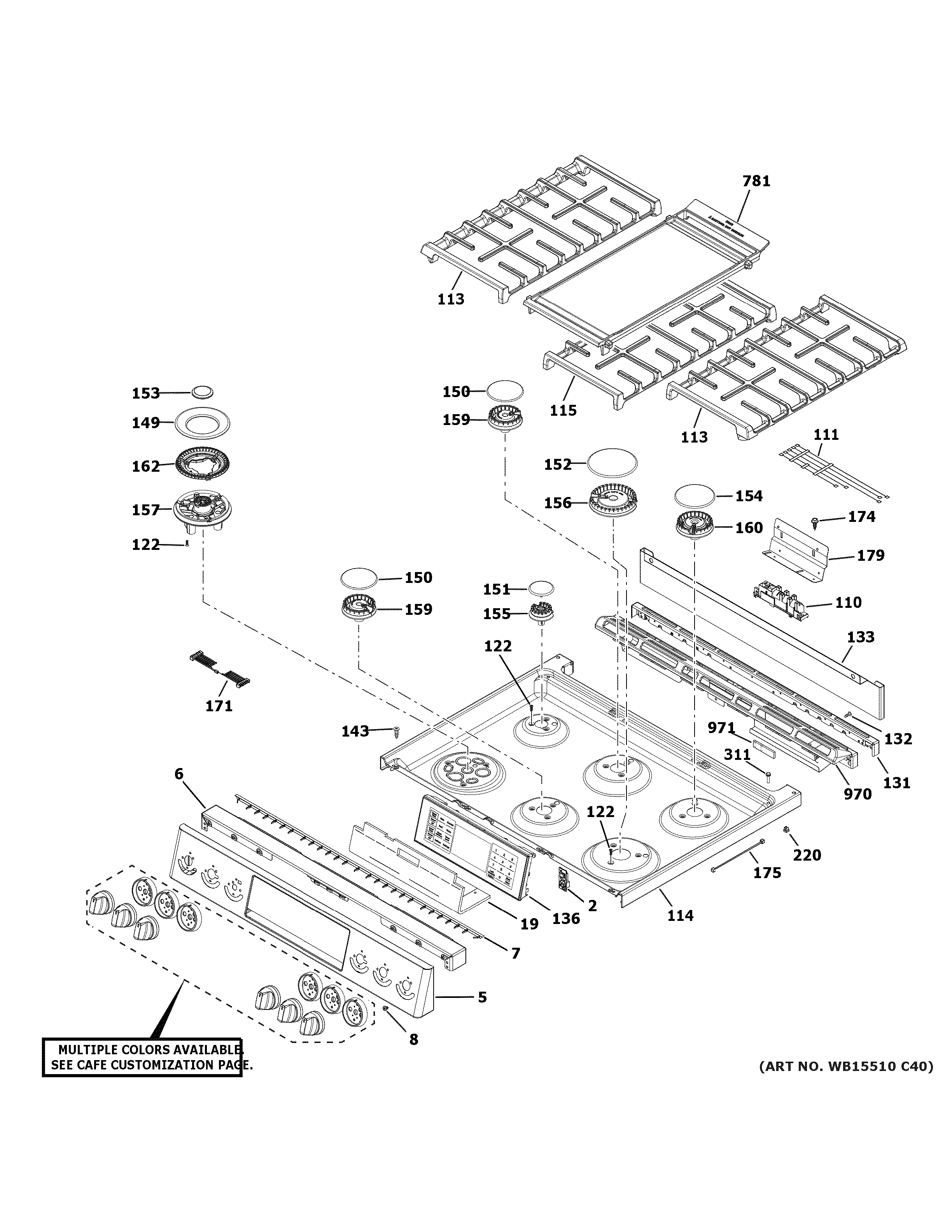 GE CGS750P3M2D1 control panel & cooktop diagram