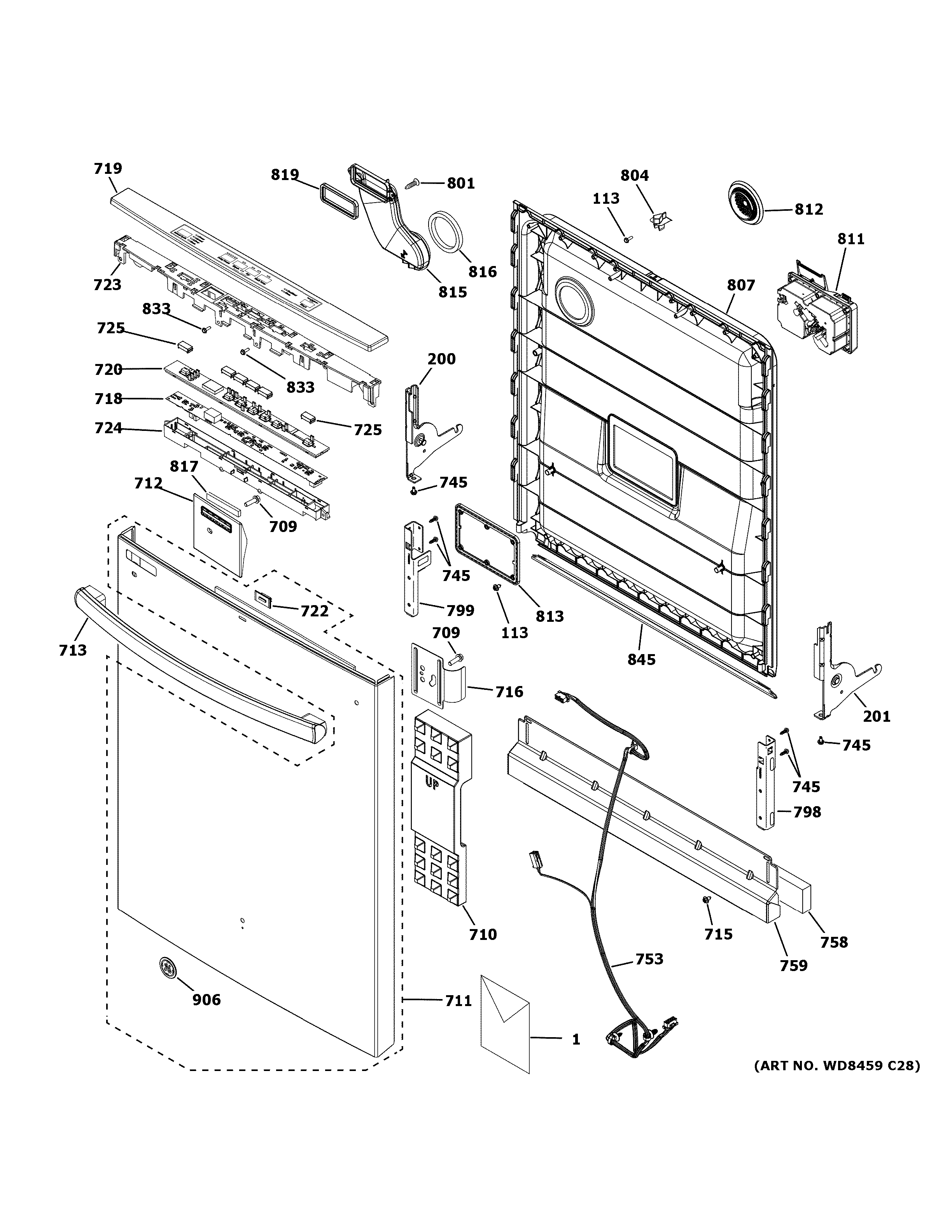 GE GDT540PSM0SS escutcheon & door assembly diagram