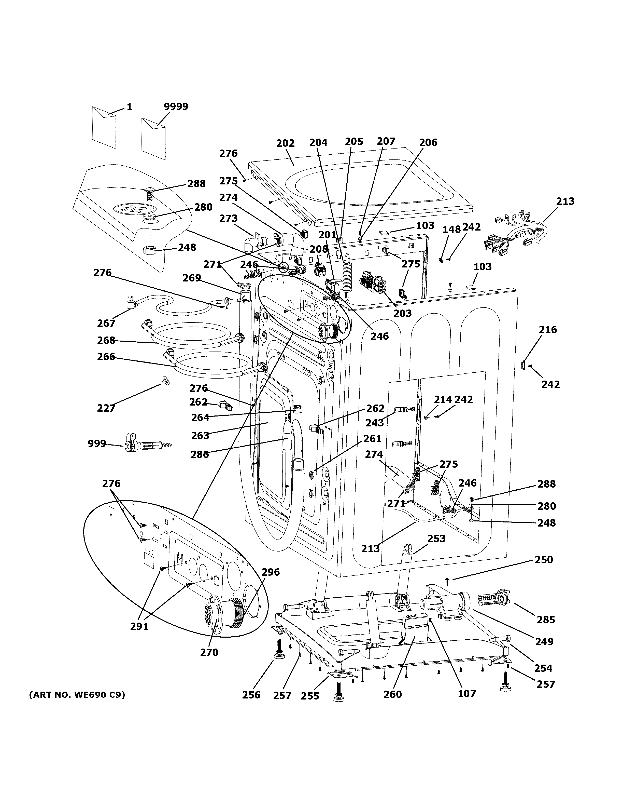 GE GFW450SPM0DG cabinet & top panel diagram