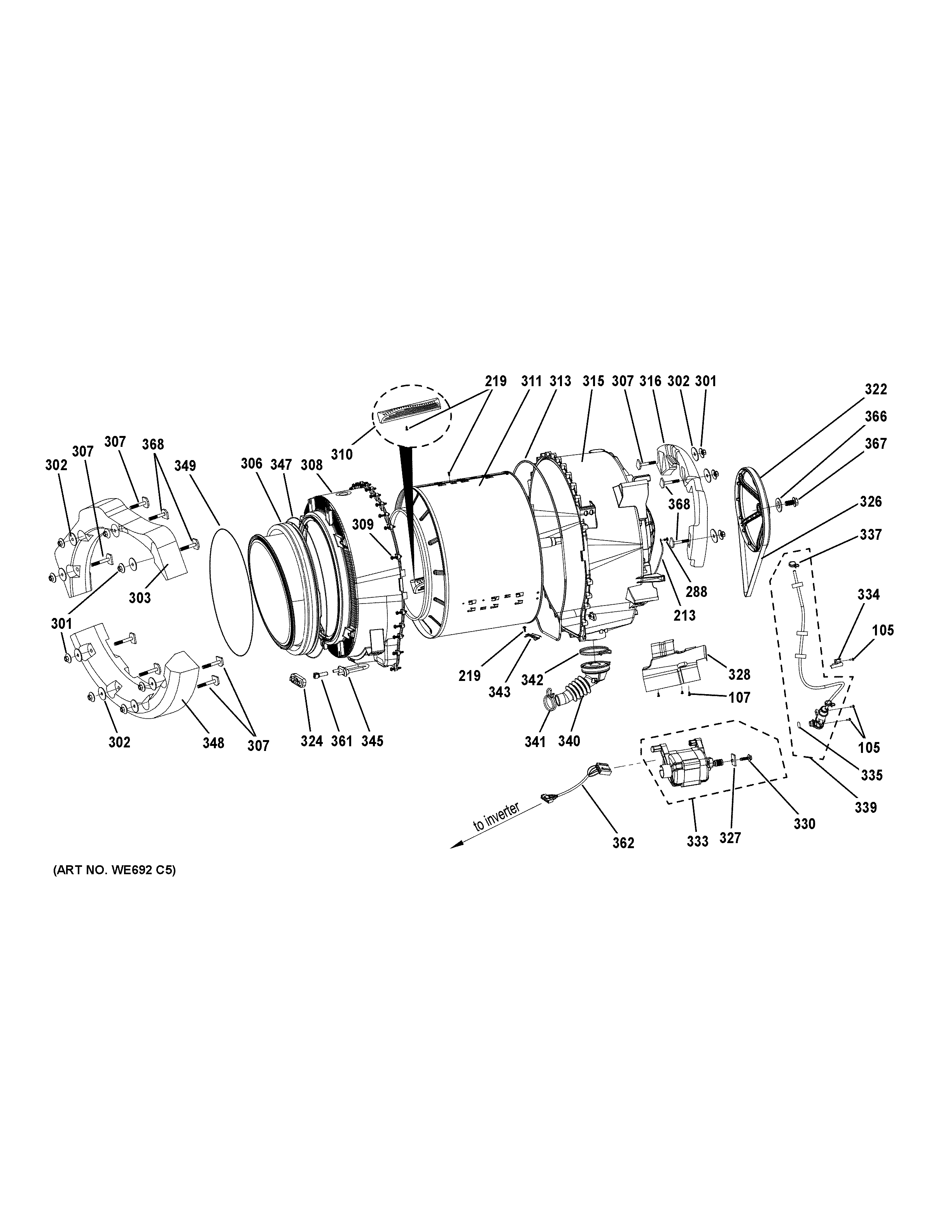 GE GFW450SPM0DG tub & motor diagram