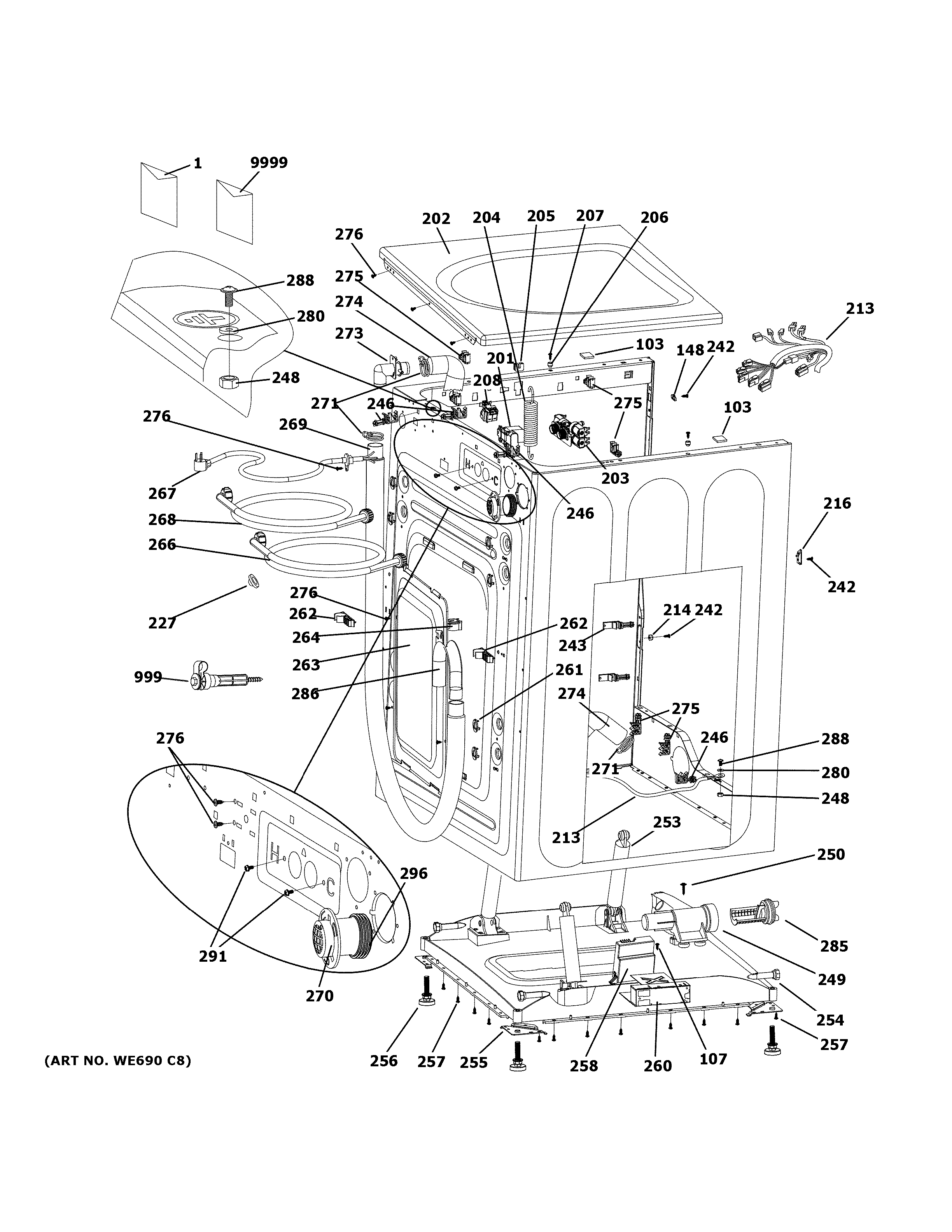GE GFW450SPM1DG cabinet & top panel diagram