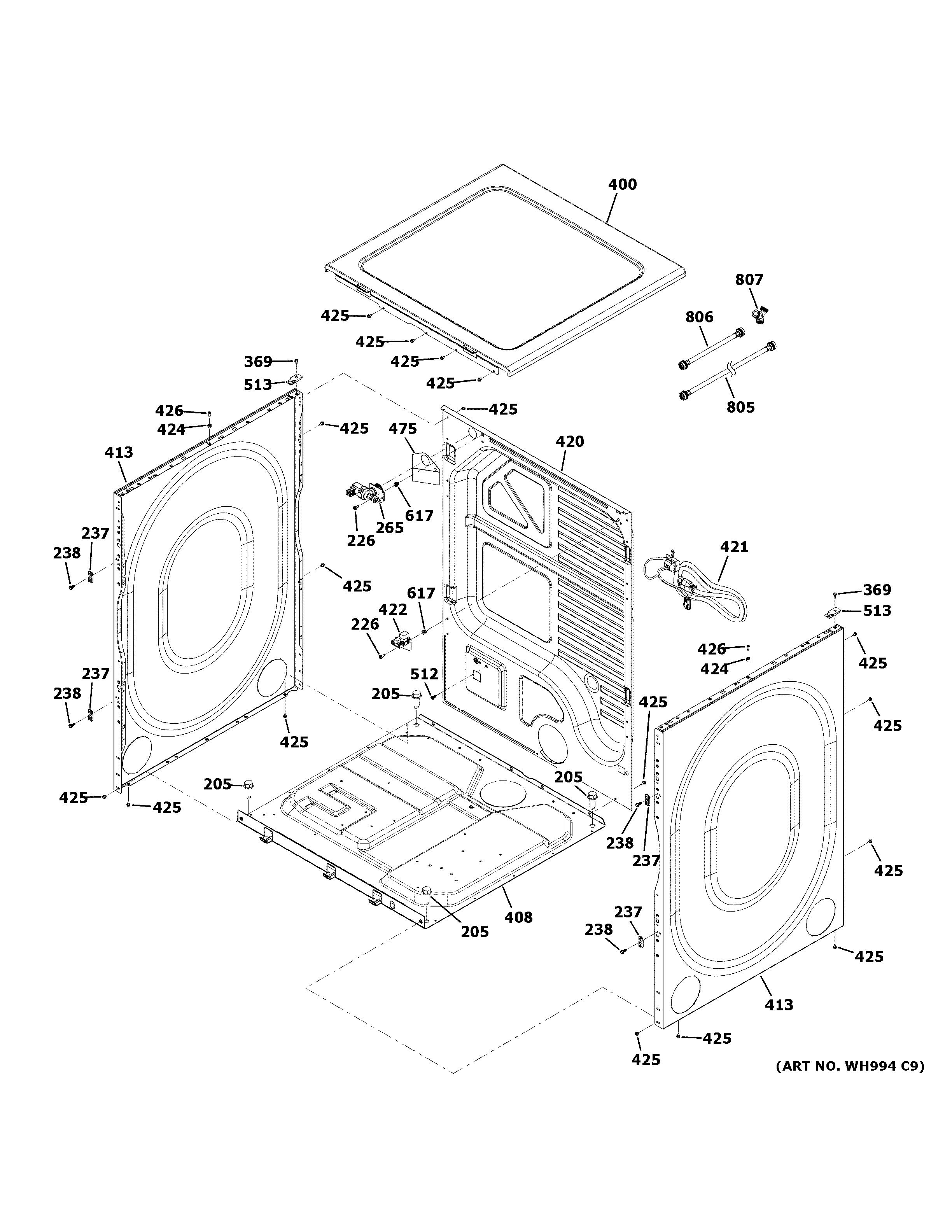 GE GFDR270GH0WW cabinet & top panel diagram