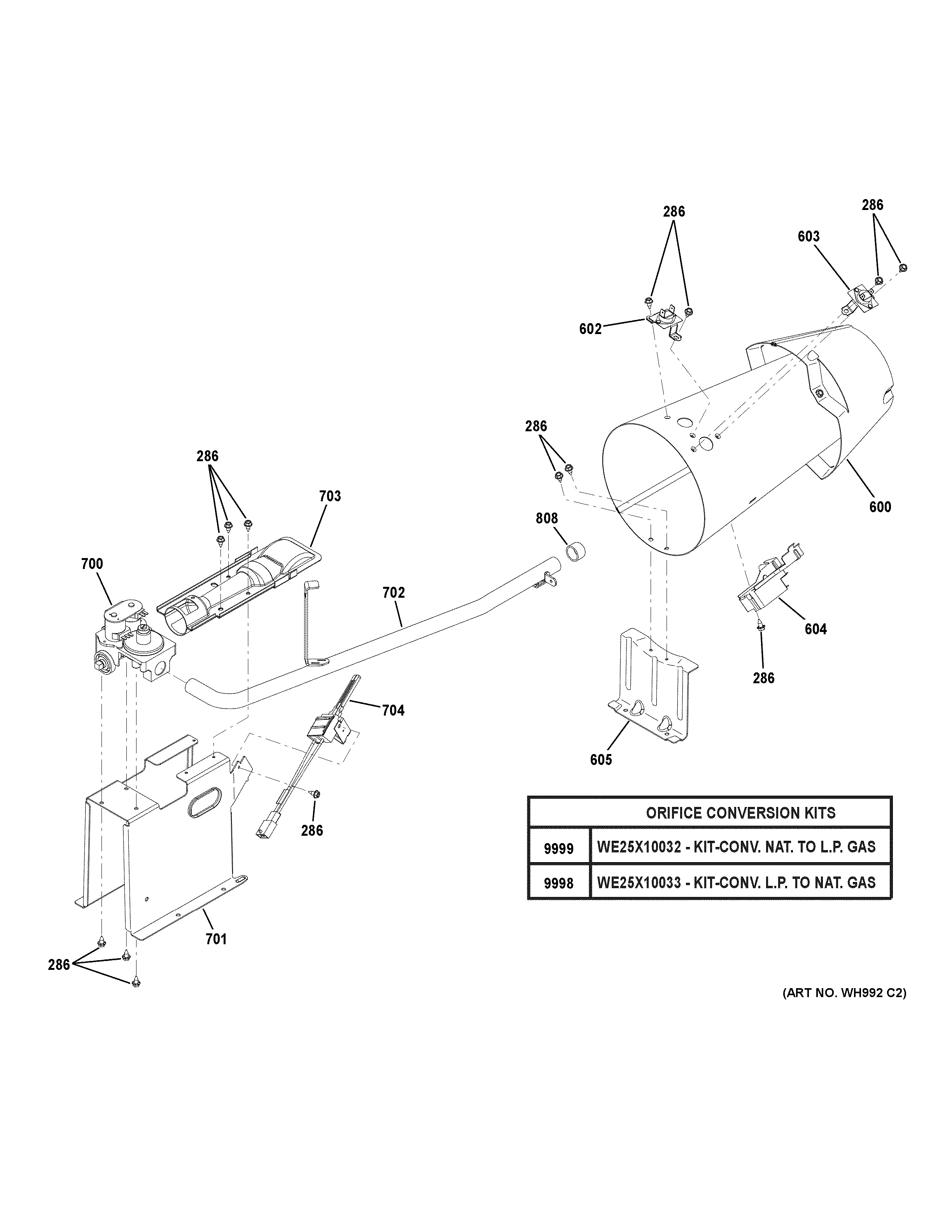 GE GFDR270GH0WW gas valve & burner assembly diagram