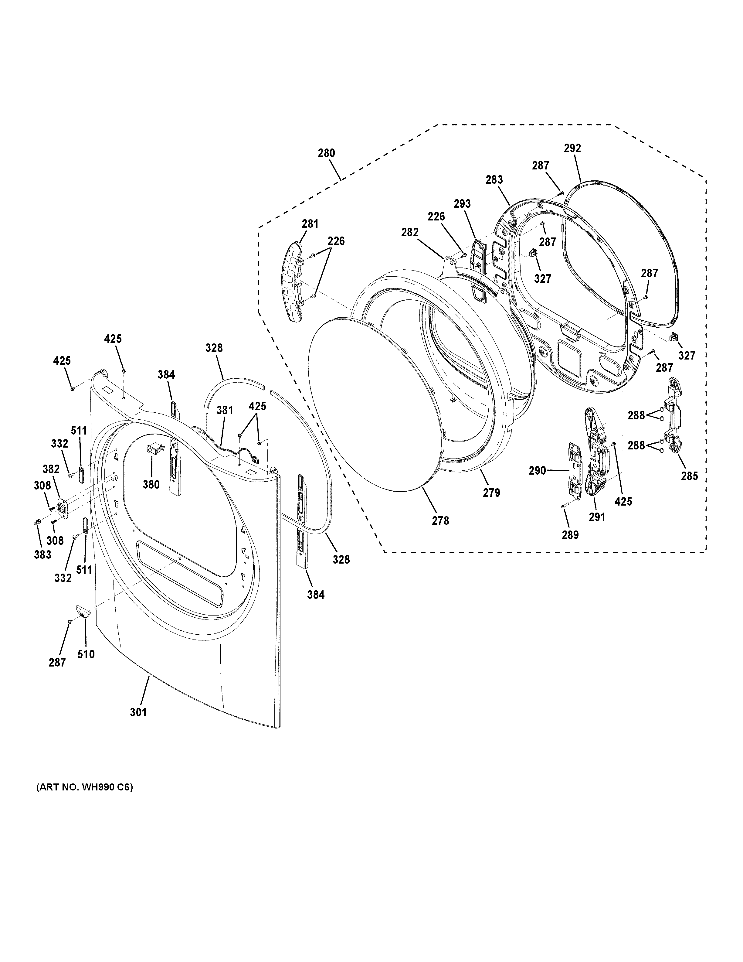 GE GFD49ERPK0RR front panel & door diagram