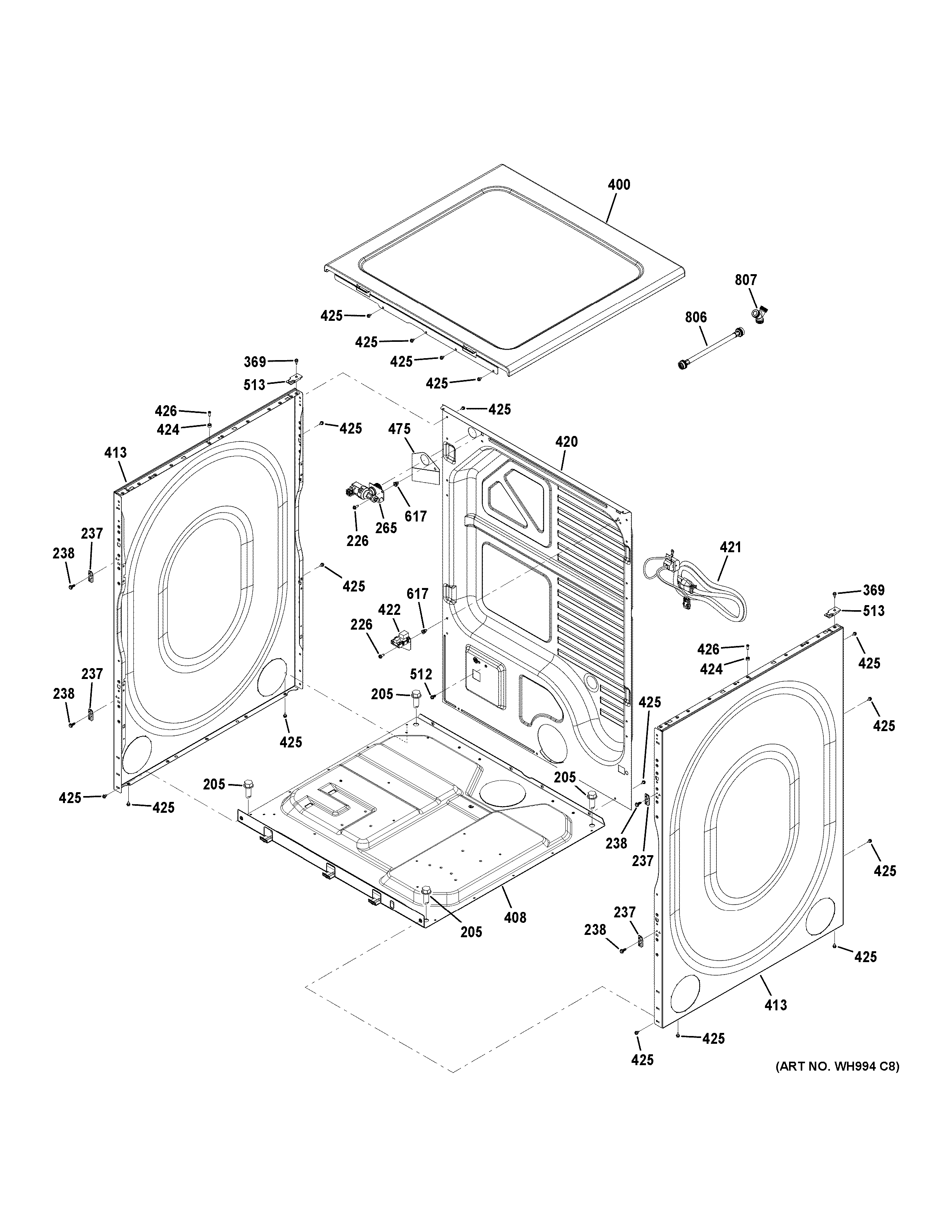 GE GFD49GRPK0DG cabinet & top panel diagram