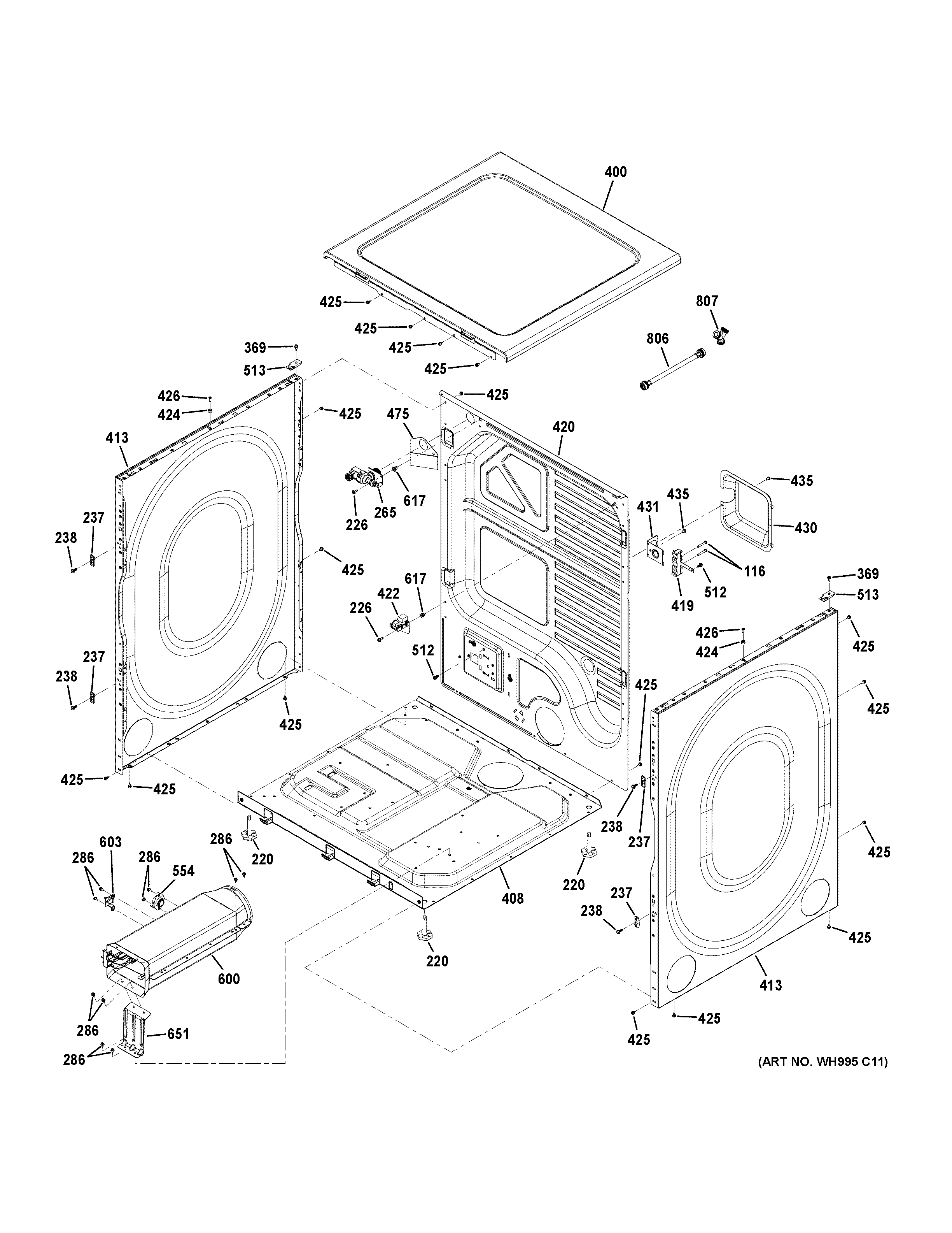 GE GFD48ESPK0RR cabinet & top panel diagram