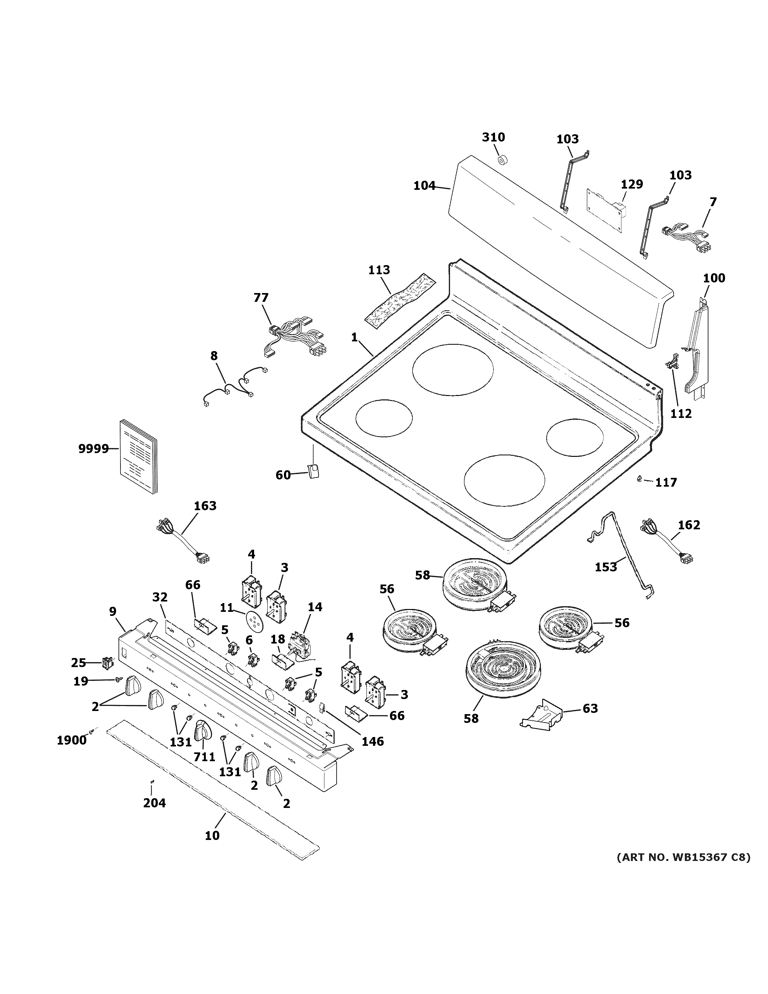 GE JB480SM1SS control panel & cooktop diagram