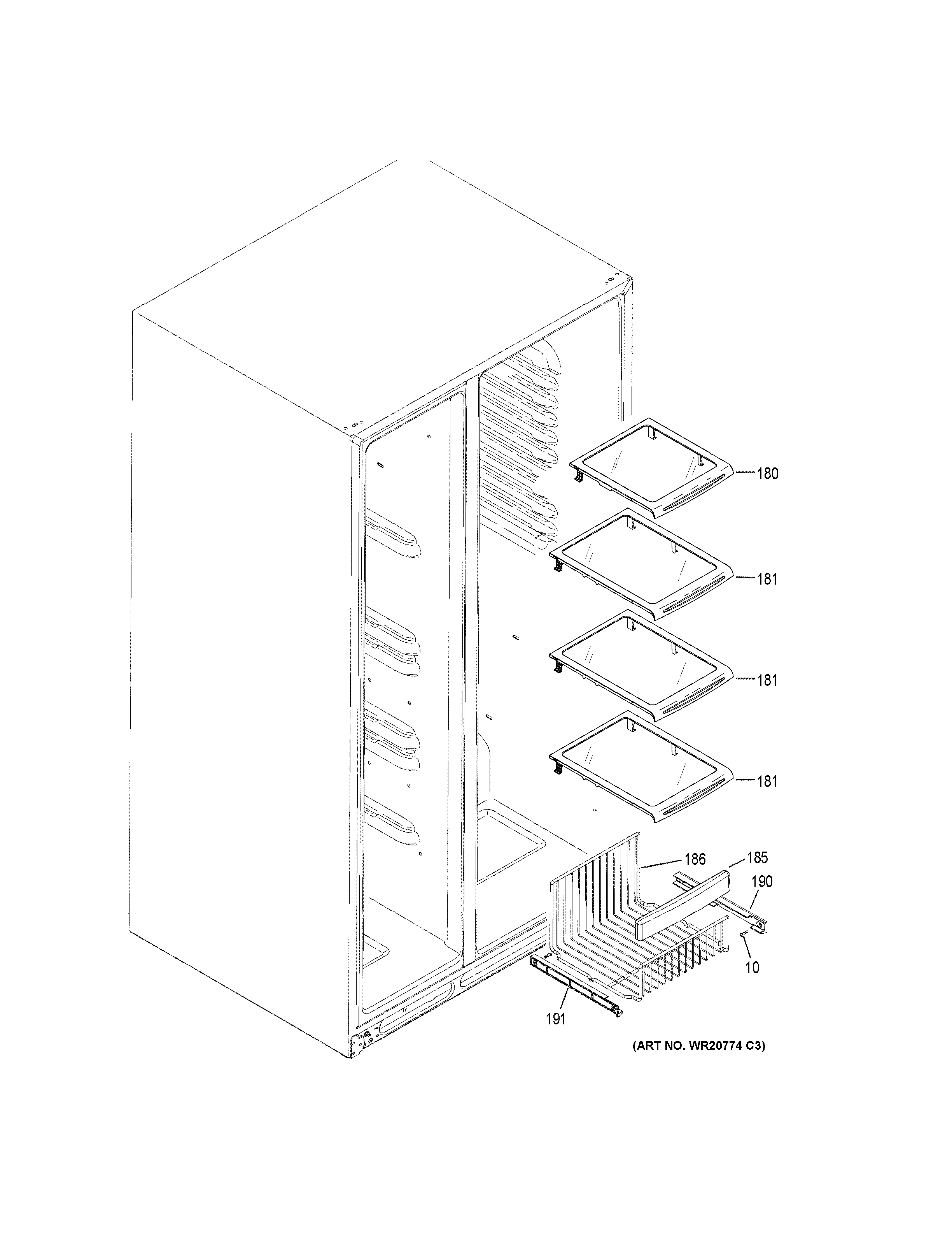 GE DSE25JGHKCWW freezer shelves diagram