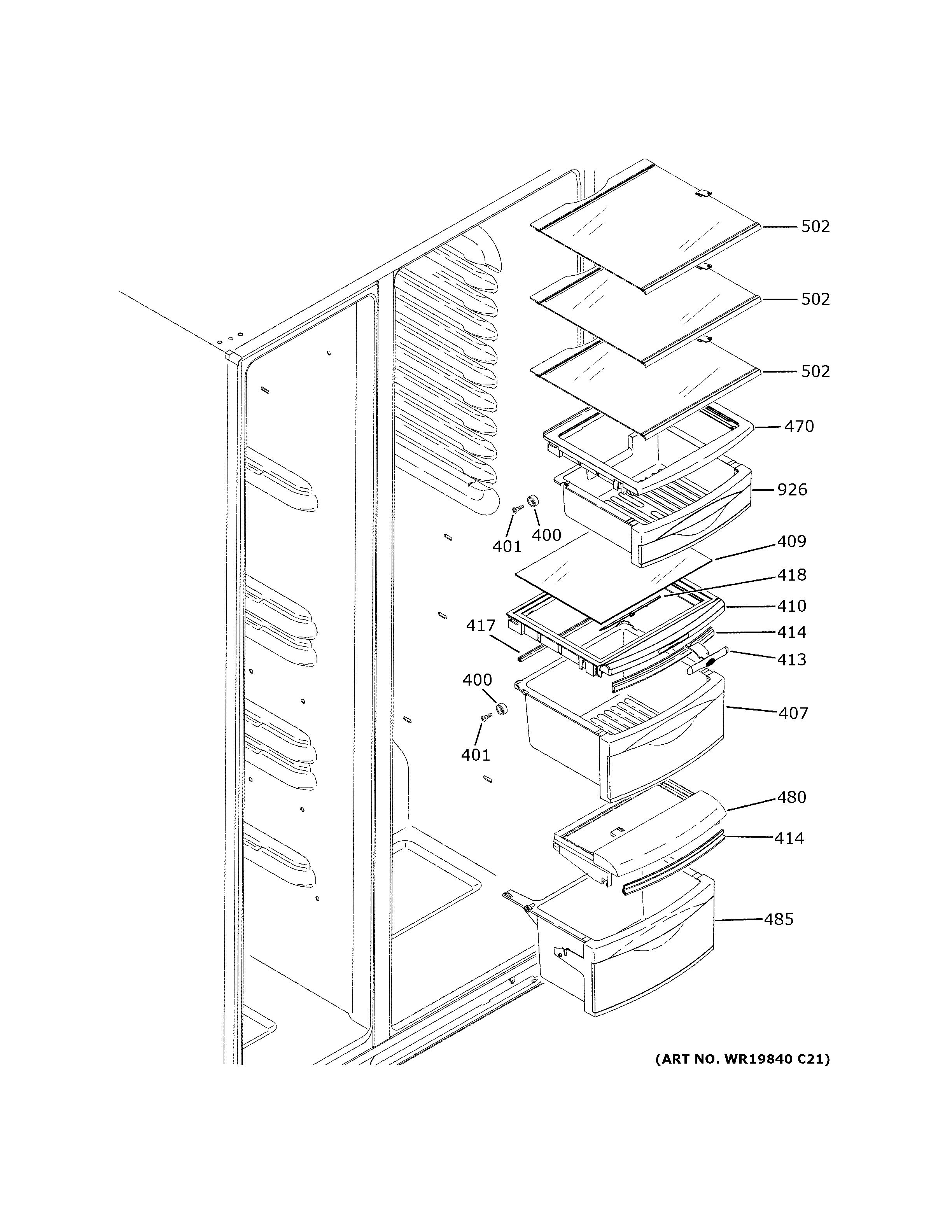 GE GSS25IENEHDS fresh food shelves diagram