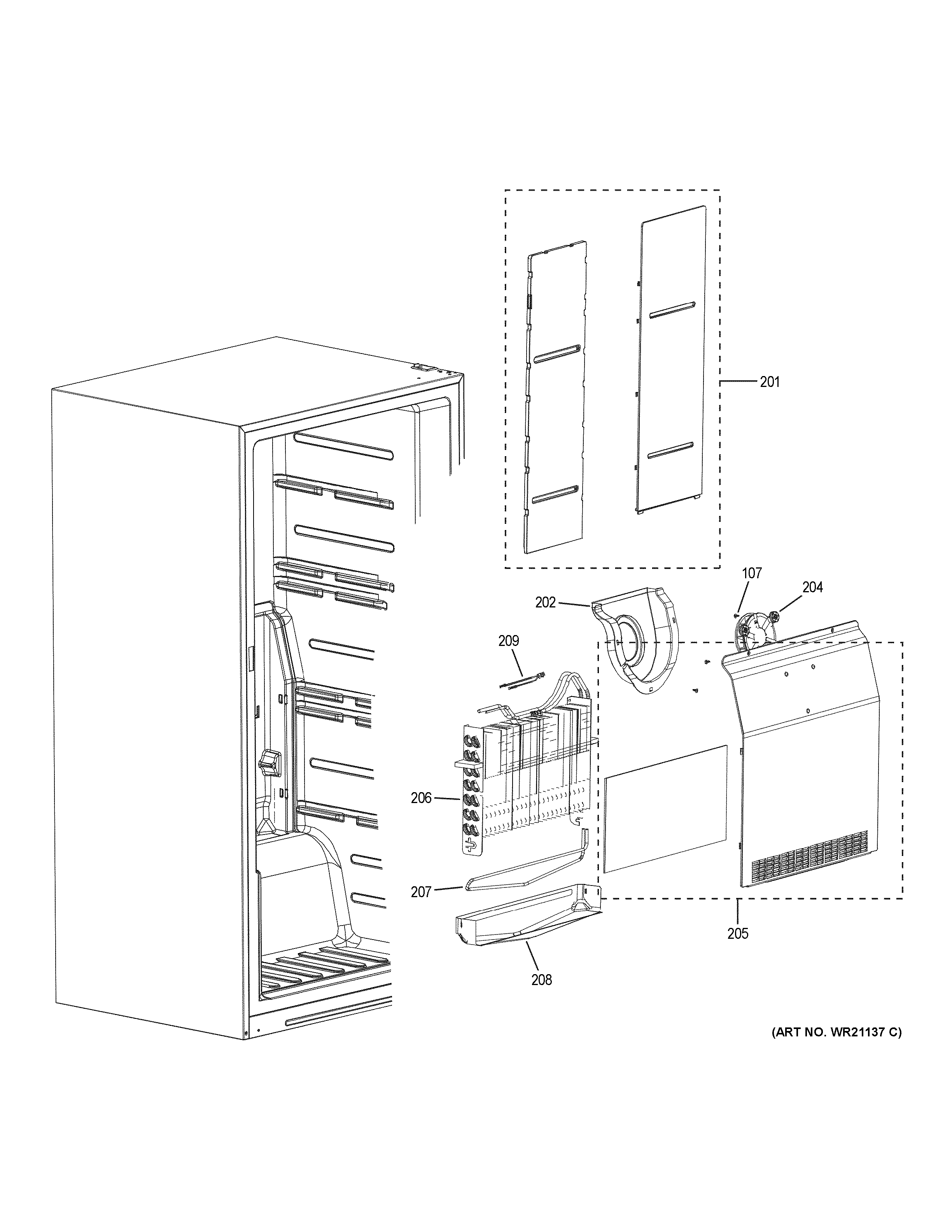 GE XUF17SMRDWW freezer section diagram