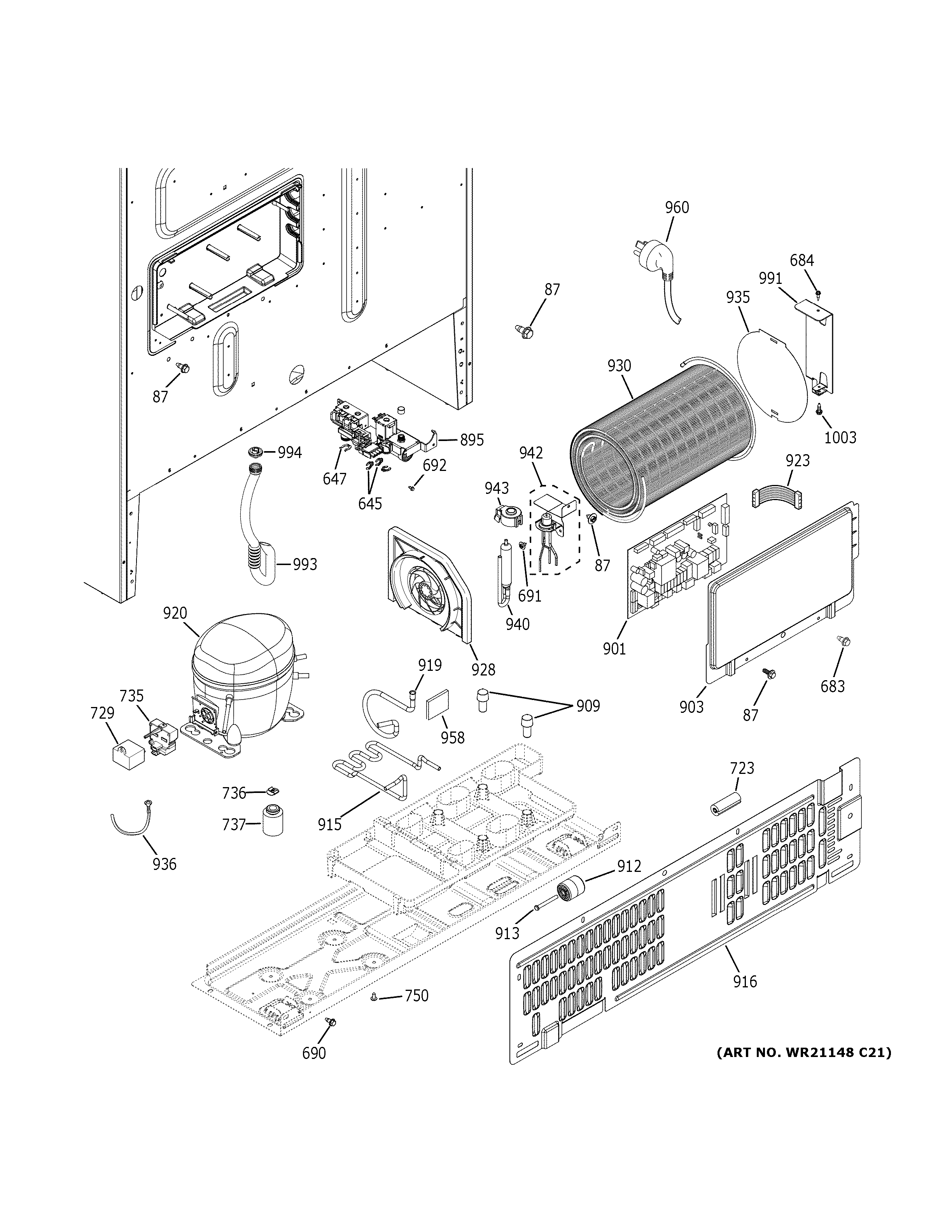 GE CWE23SP3MDD1 machine compartment diagram