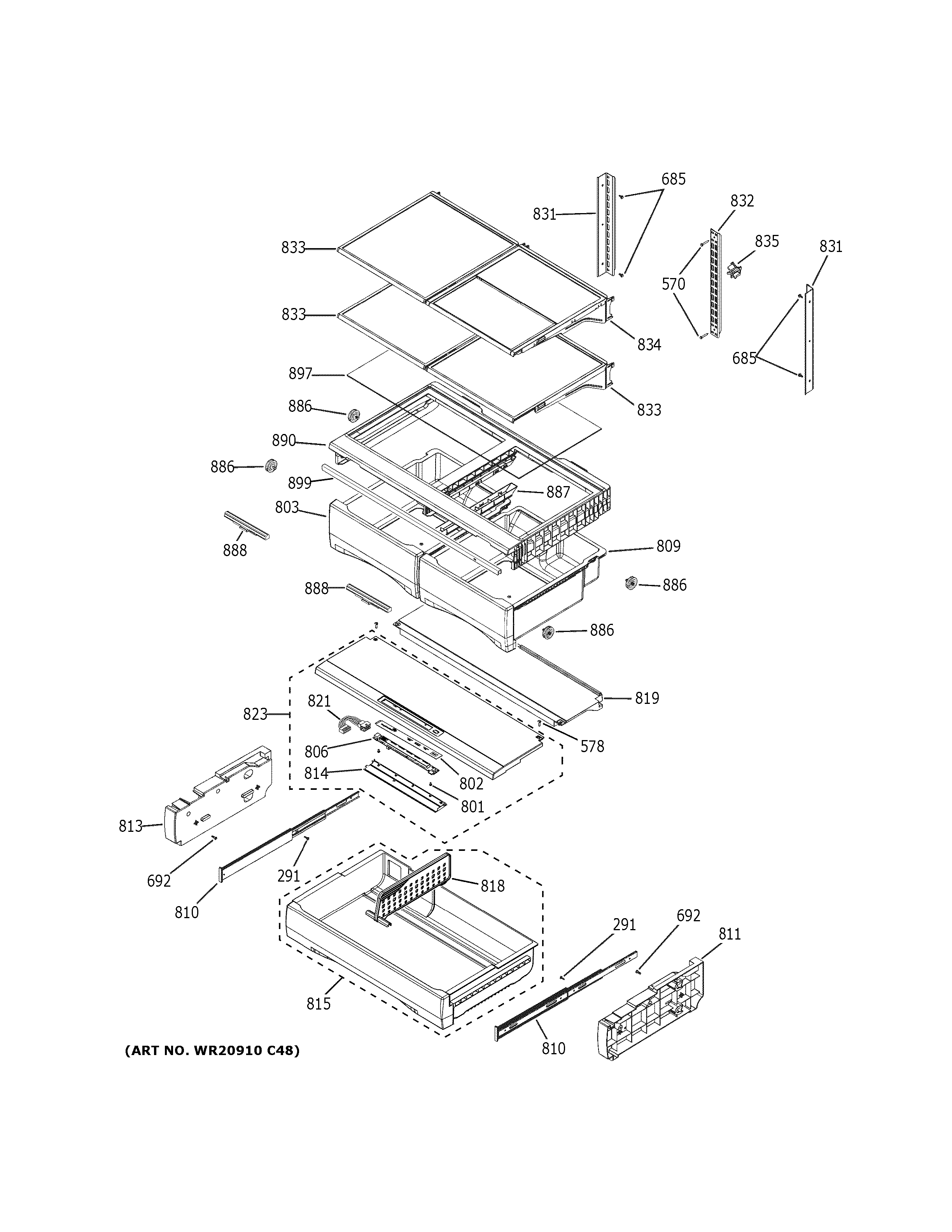 GE GFE28HSKLSS fresh food shelves diagram