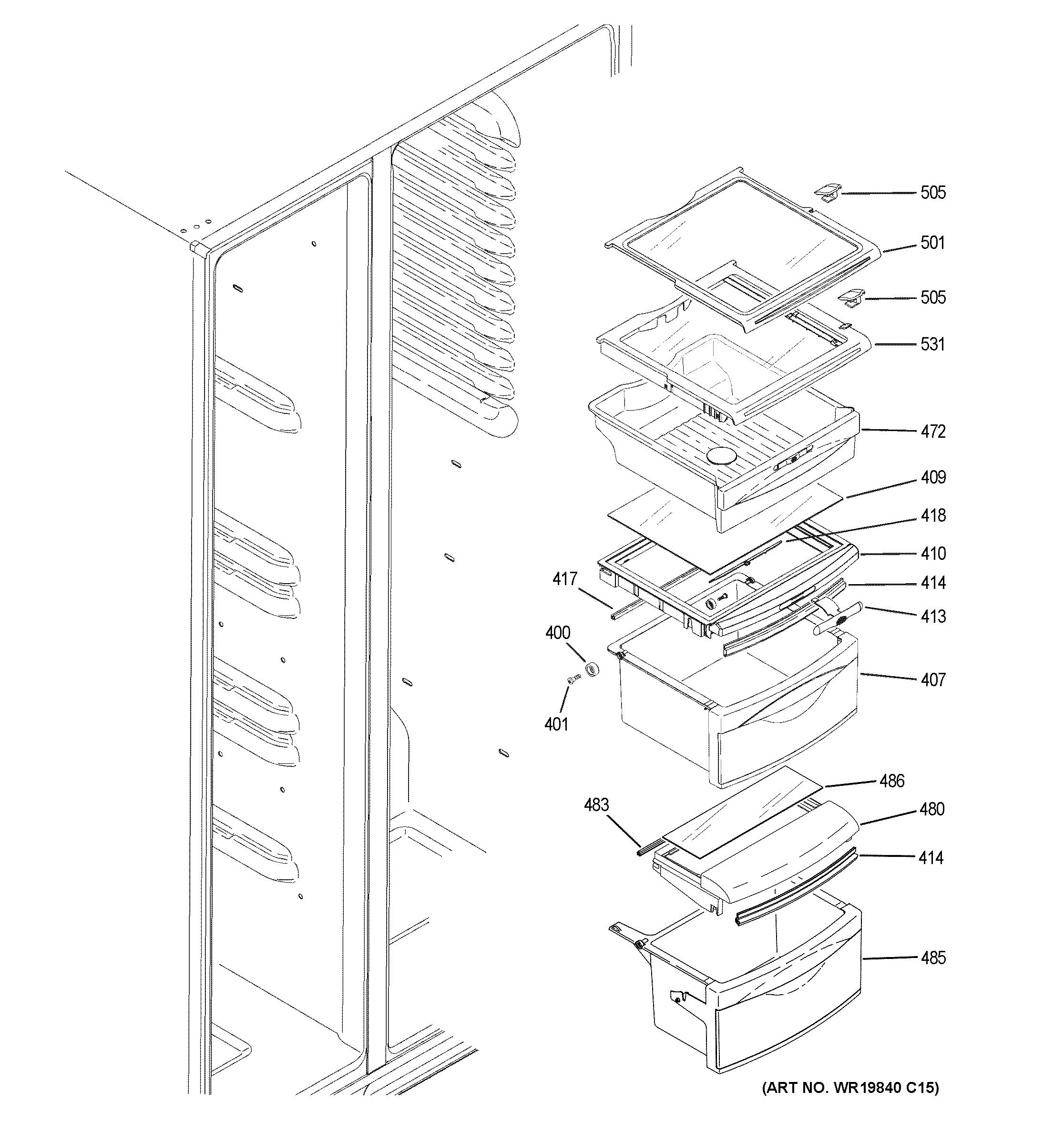 GE GSE23GSKPCSS fresh food shelves diagram