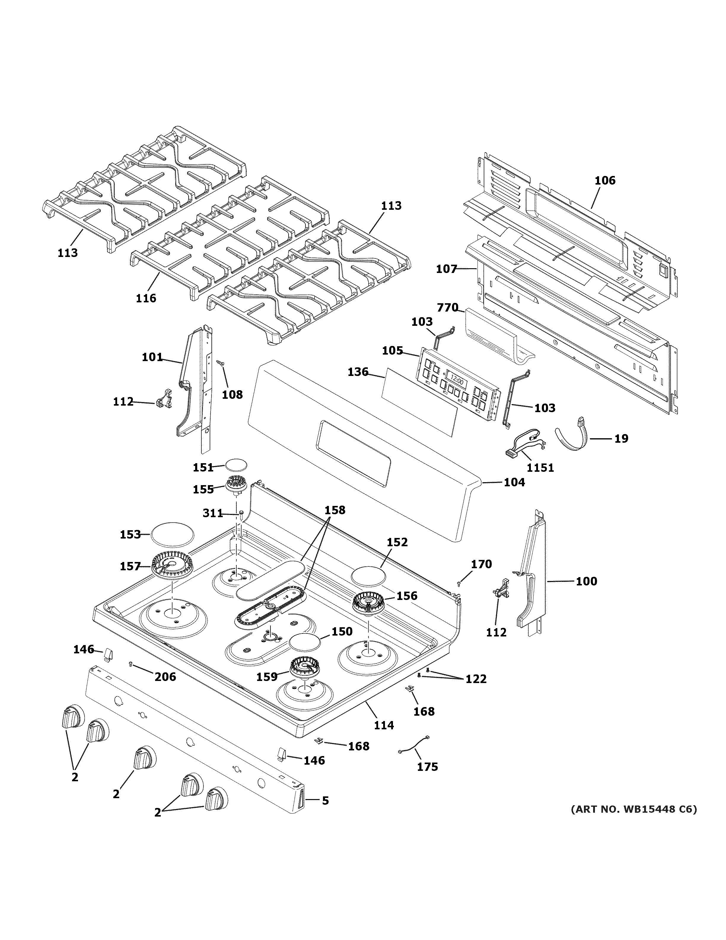 GE JGB660DEJ5WW control panel & cooktop diagram