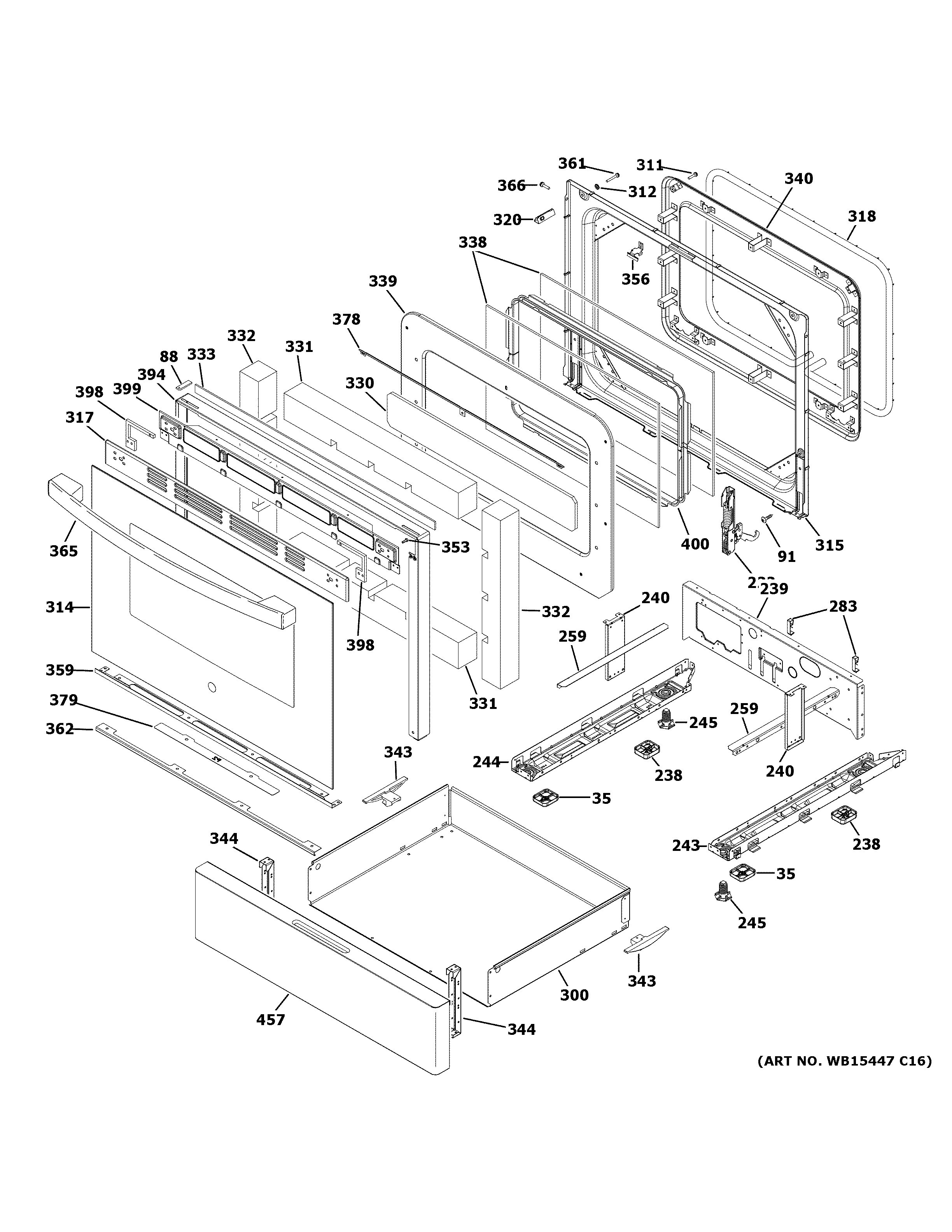 GE JGB660DEJ5WW door & drawer parts diagram