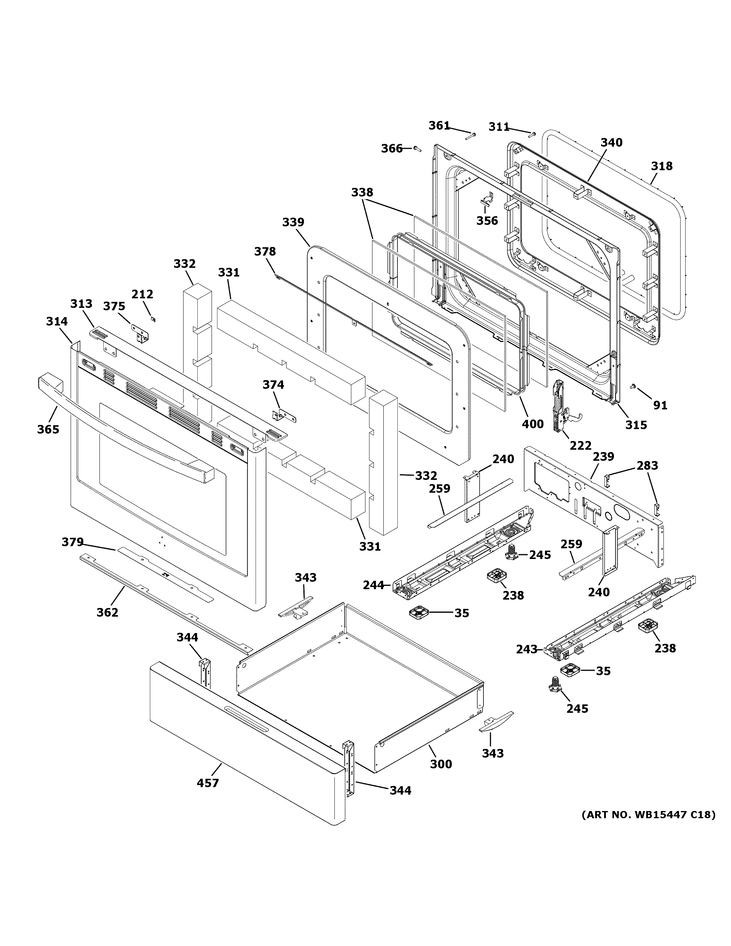 GE JGB700EEJ5ES door & drawer parts diagram