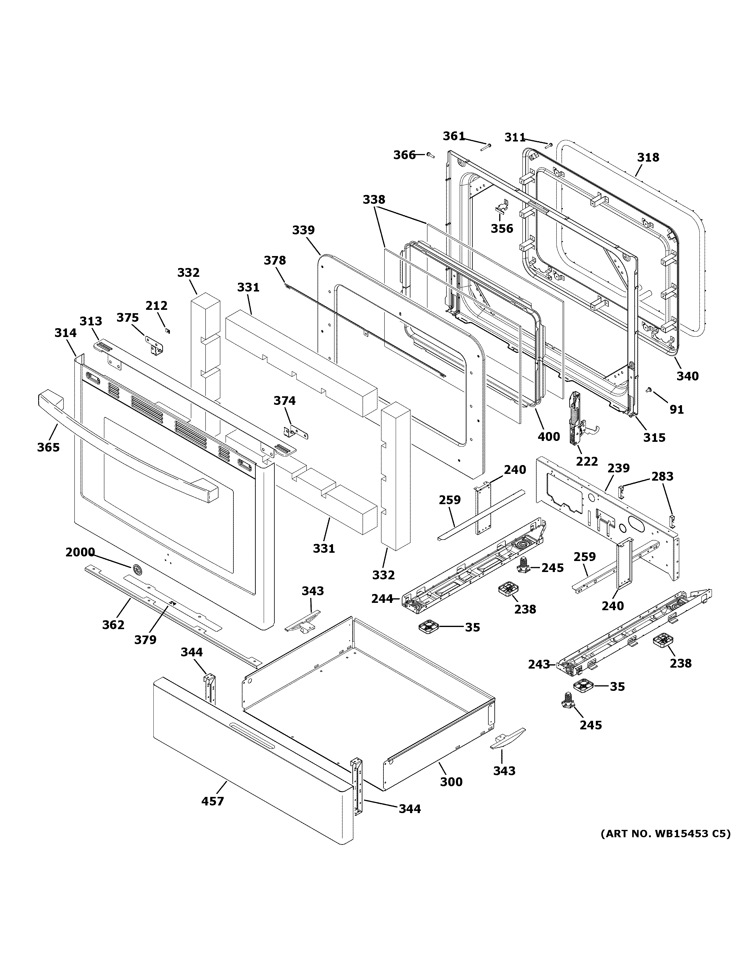 GE JGB720EEJ5ES door & drawer parts diagram