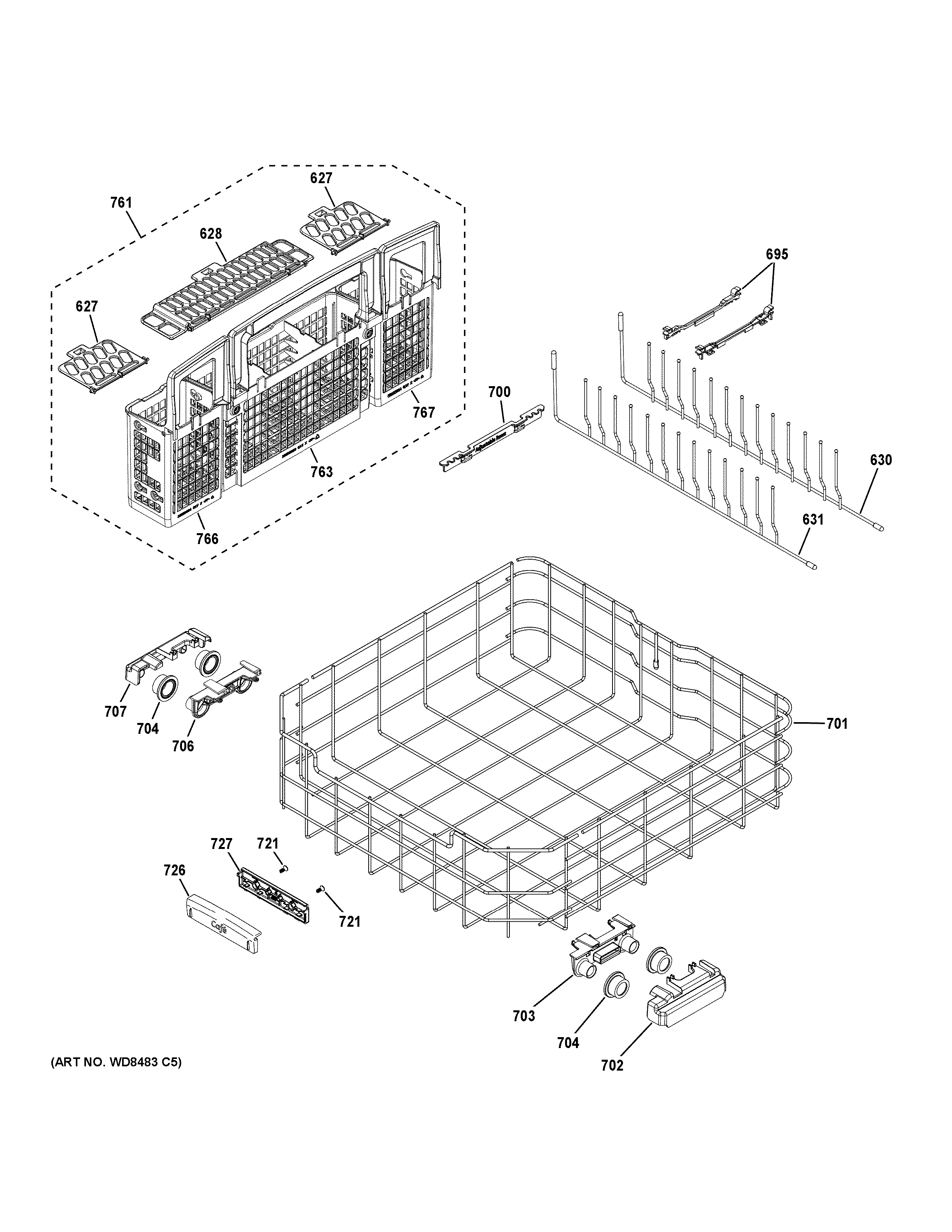 GE CDT765SSF0SS lower rack assembly diagram