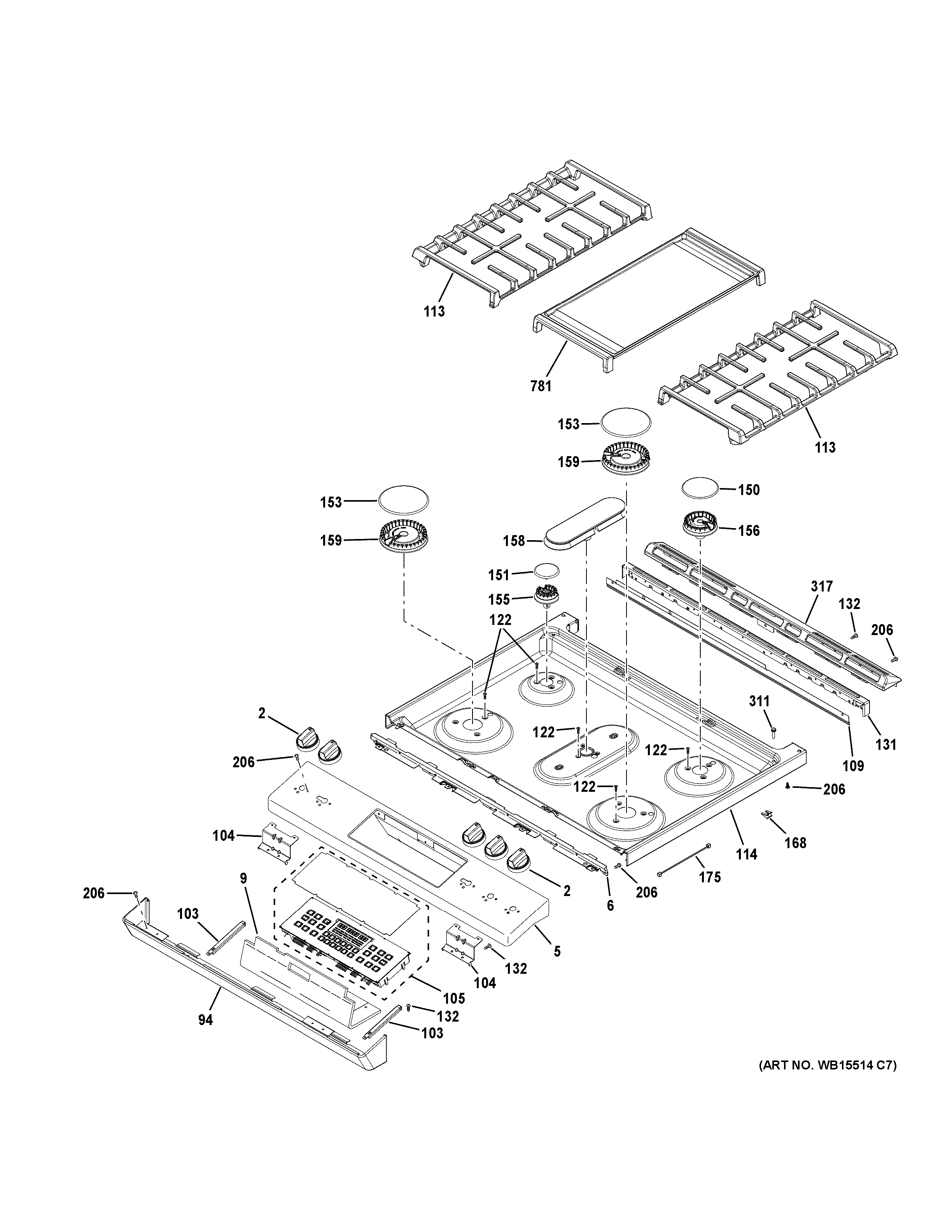 GE JGS760DEL3WW control panel & cooktop diagram