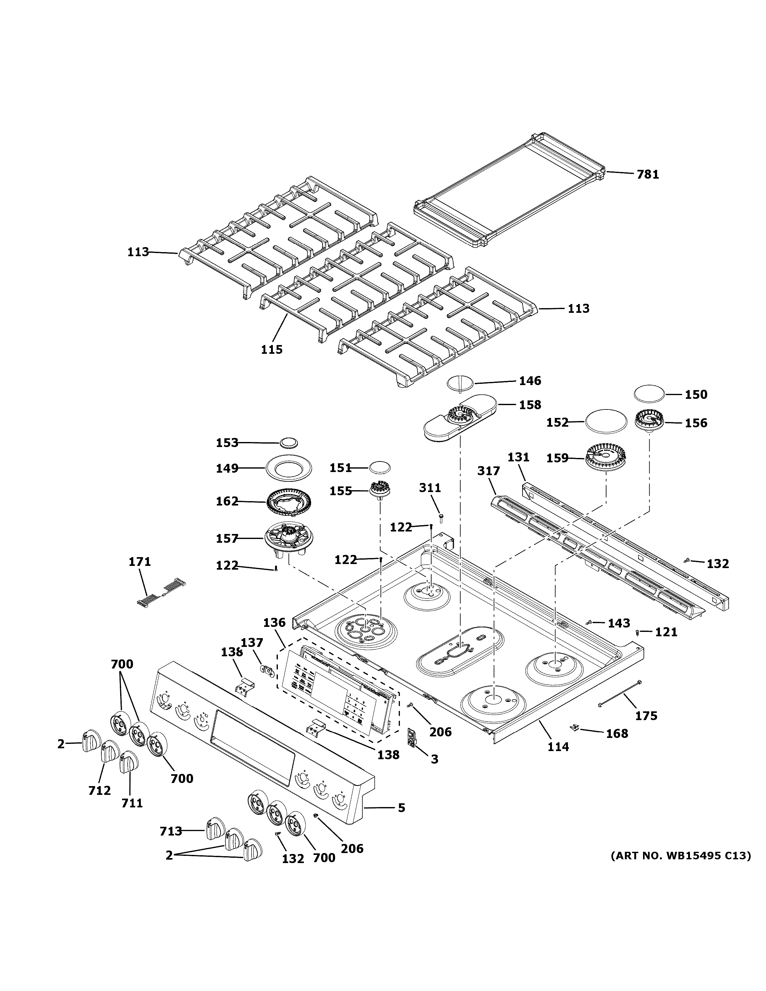 GE PGS930FEL3DS control panel & cooktop diagram