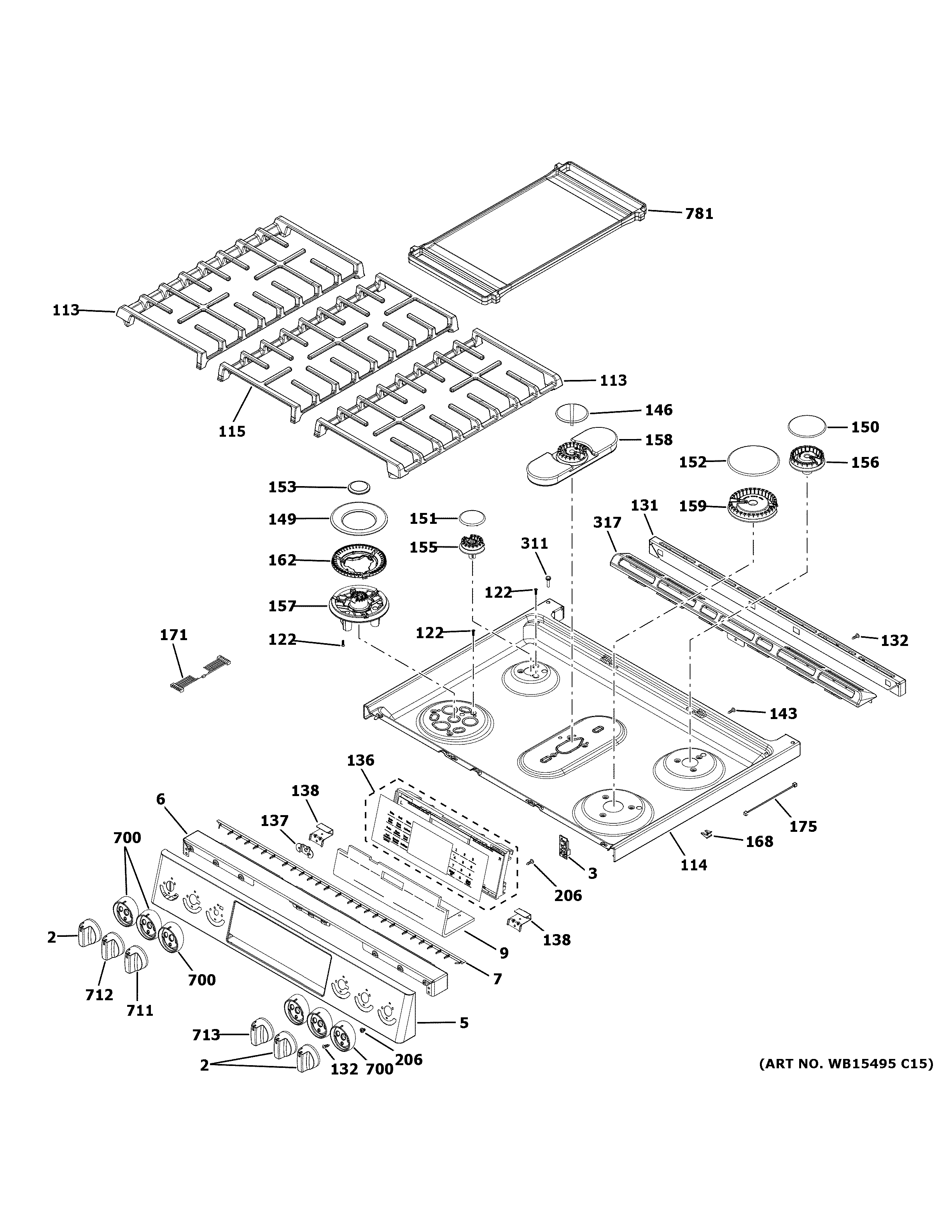GE PGS960EEL4ES control panel & cooktop diagram