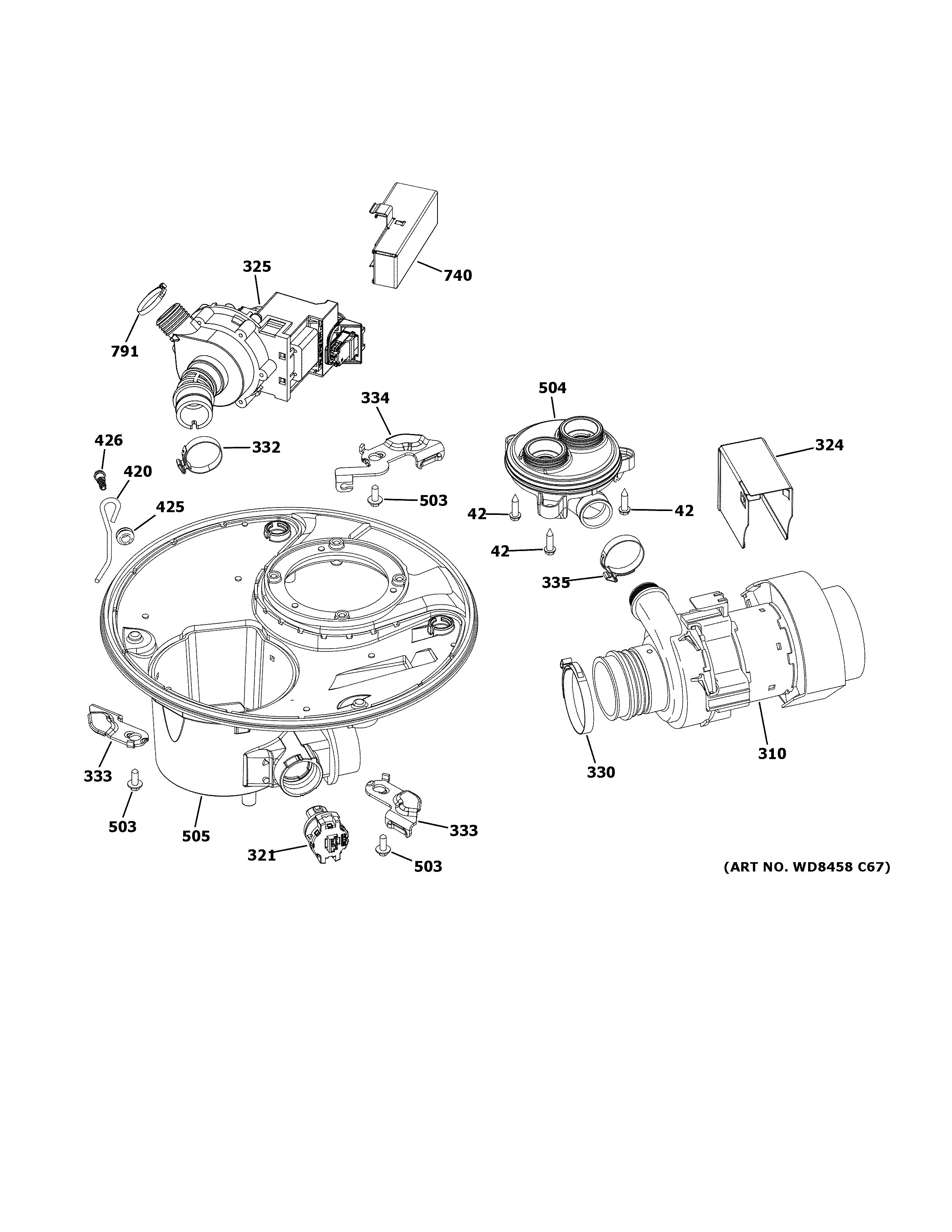 GE GDF570SGF7BB sump & motor mechanism diagram