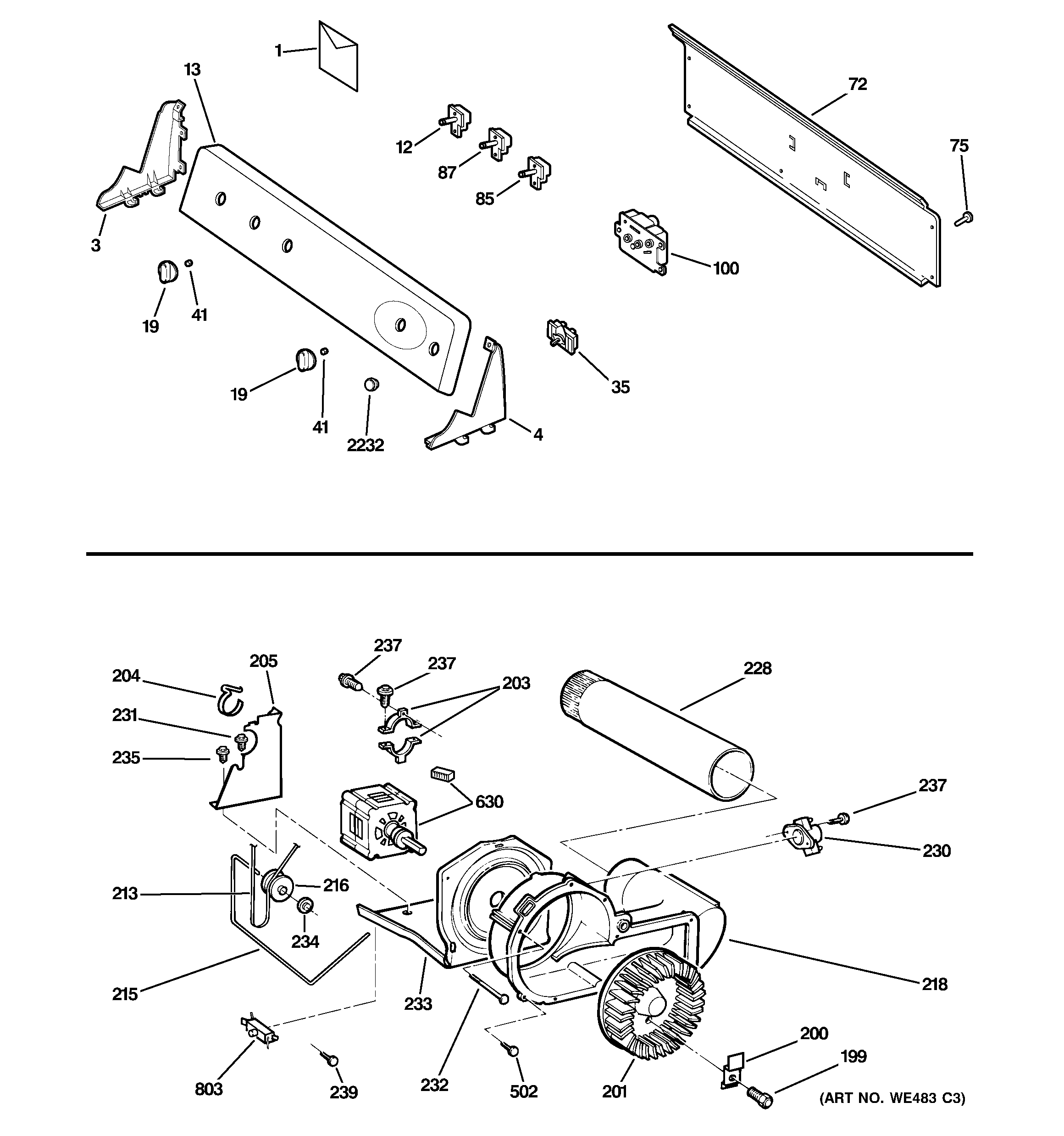 GE DRSR483GG0WW backsplash, blower & motor assembly diagram