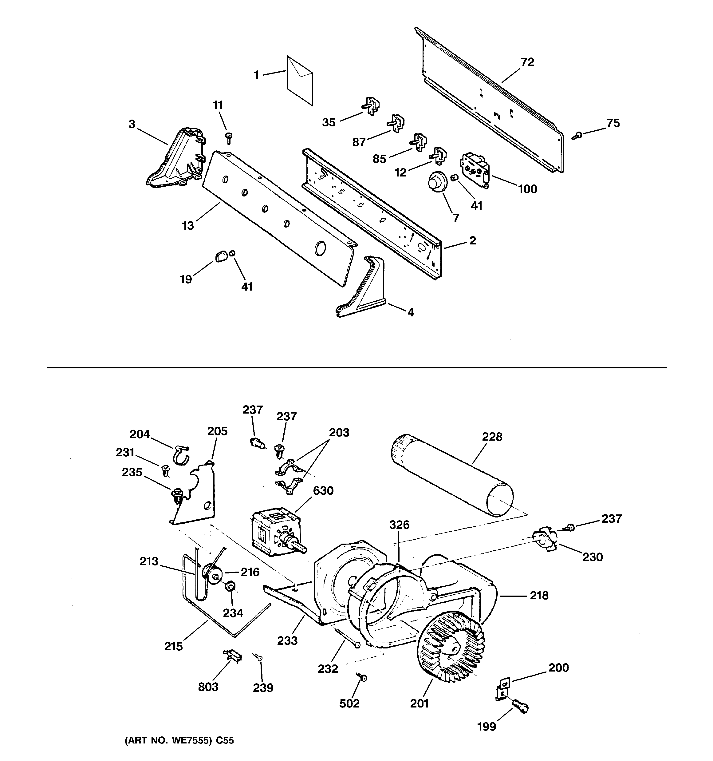 GE DRSR483GD3CC backsplash, blower & motor assembly diagram