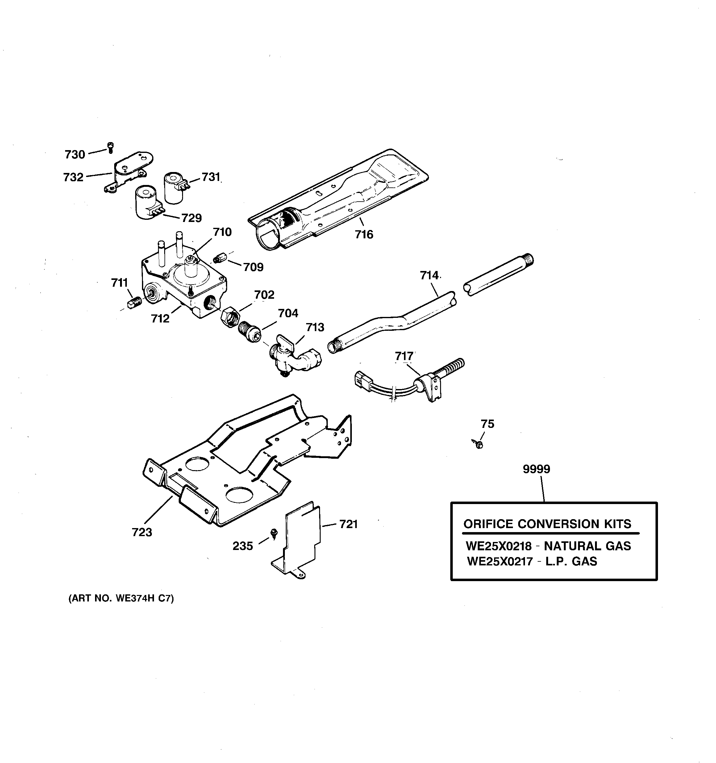 GE DRSR483GD0CC gas valve & burner assembly diagram