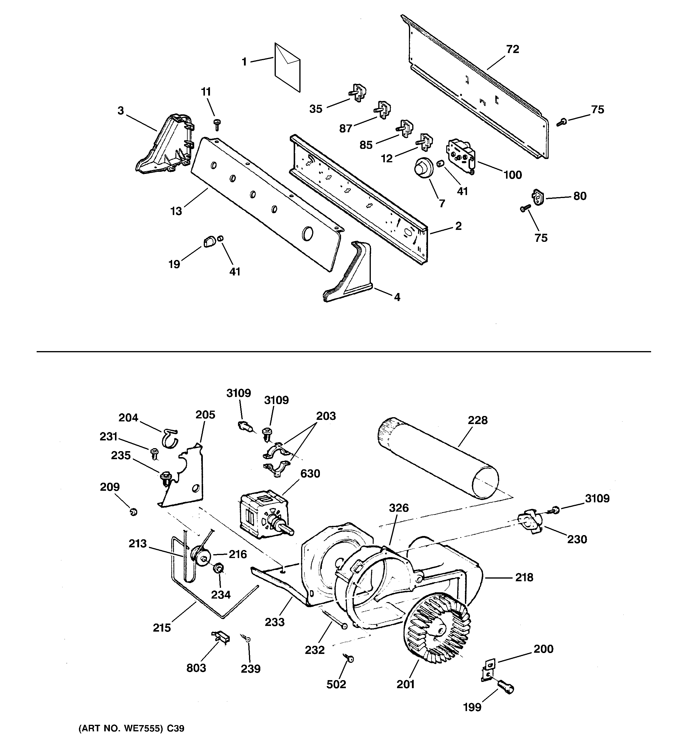 GE DRSR483ED1WW backsplash, blower & motor assembly diagram