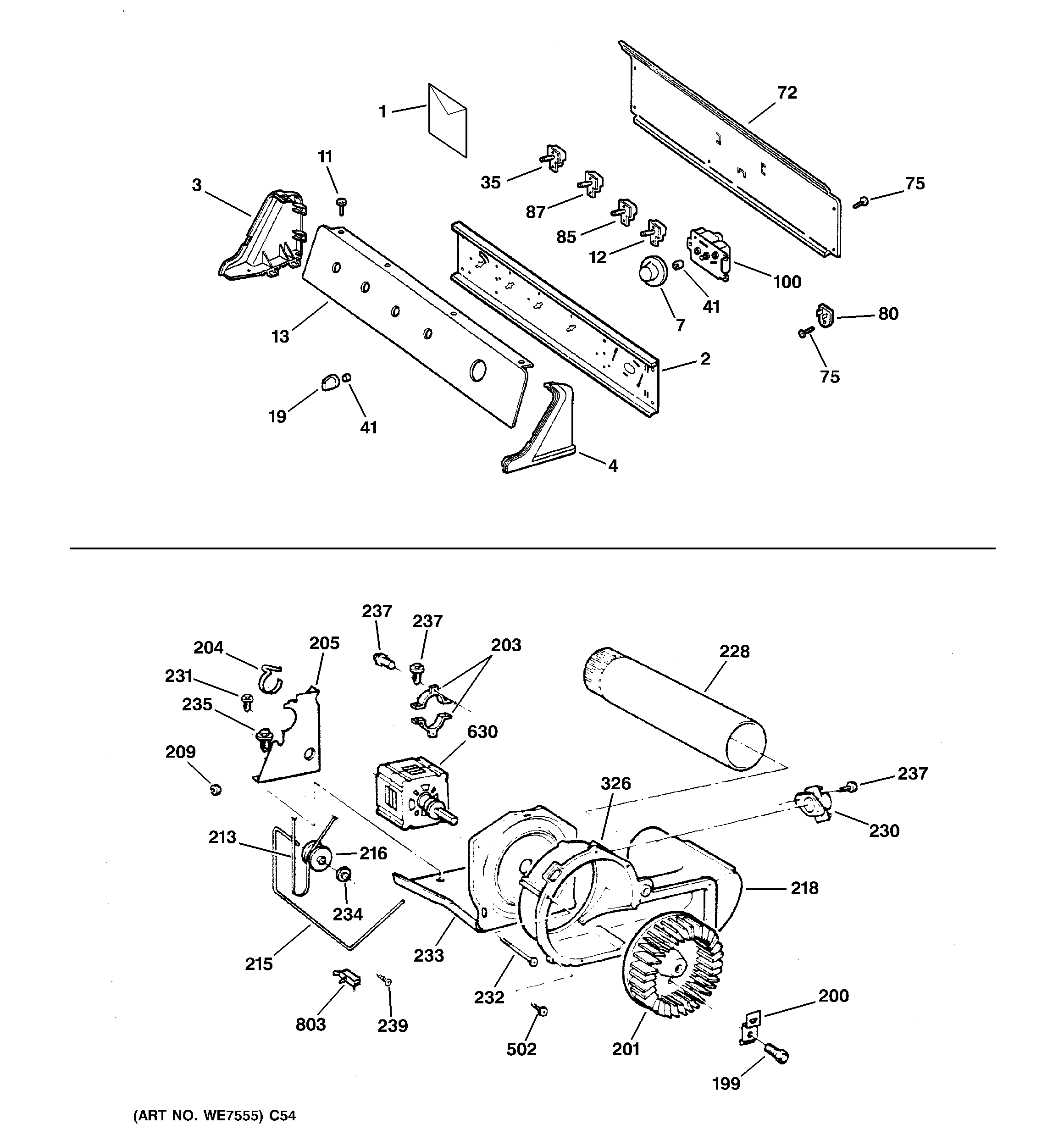 GE DRSR483ED2WW backsplash, blower & motor assembly diagram