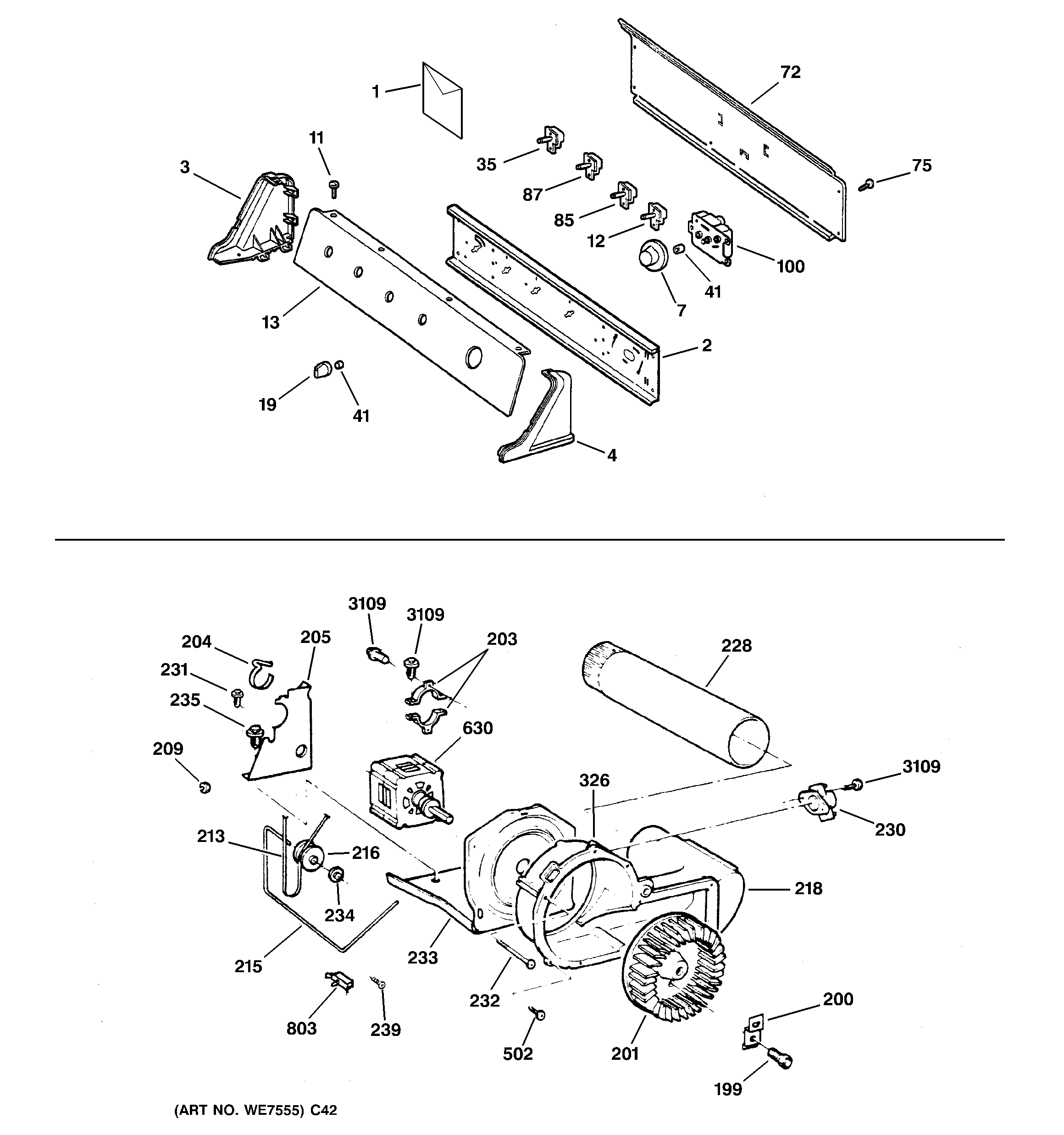 GE DRSR483GD1CC backsplash, blower & motor assembly diagram